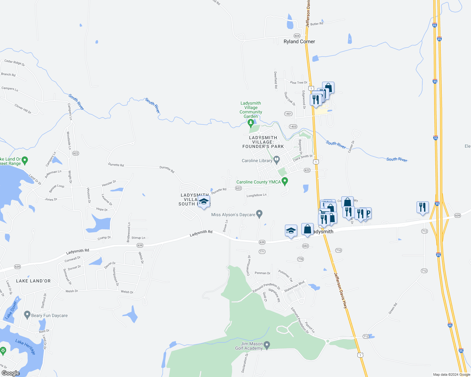map of restaurants, bars, coffee shops, grocery stores, and more near 7121 Durrette Road in Ruther Glen