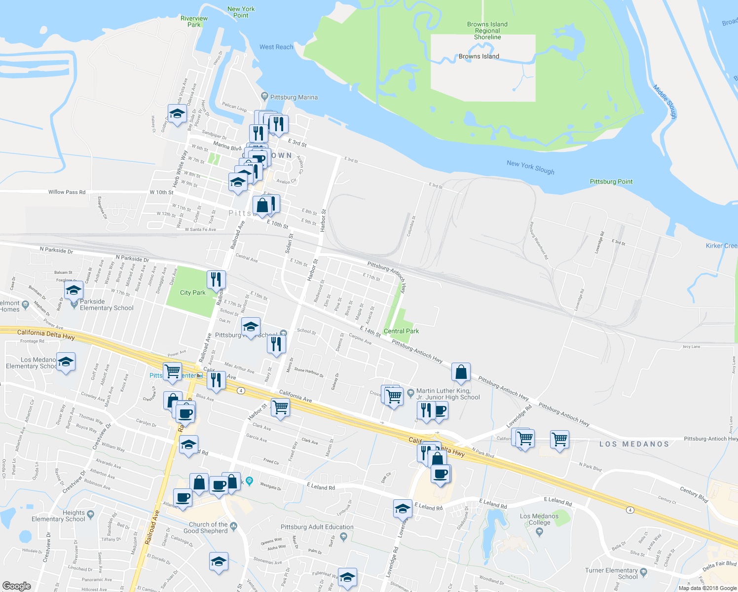 map of restaurants, bars, coffee shops, grocery stores, and more near 815 Central Avenue in Pittsburg
