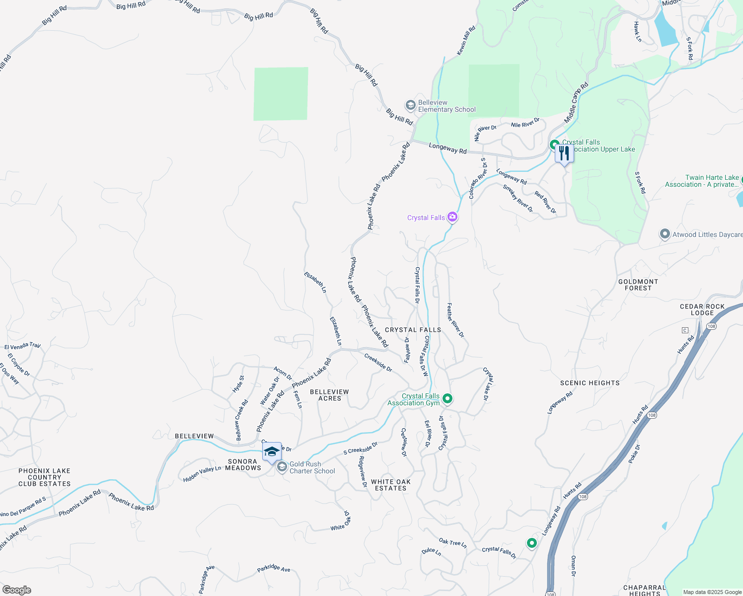 map of restaurants, bars, coffee shops, grocery stores, and more near 22015 Phoenix Lake Road in Sonora