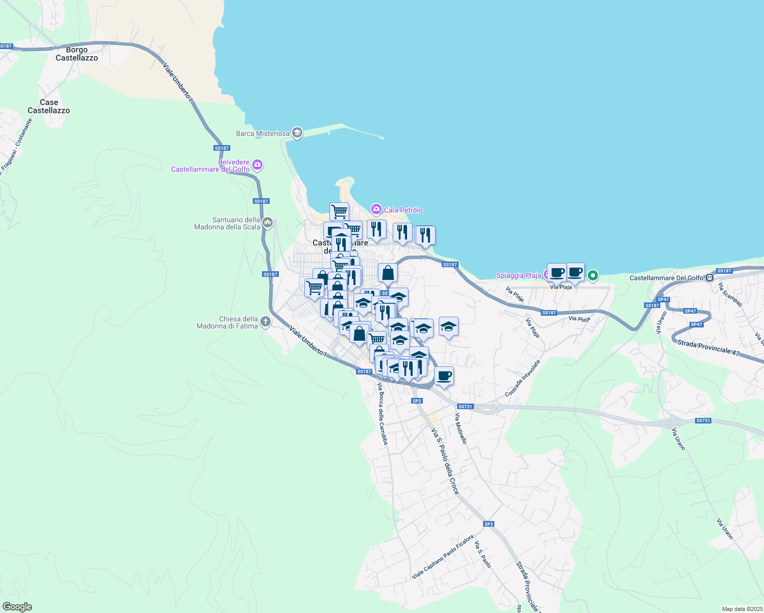 map of restaurants, bars, coffee shops, grocery stores, and more near 23 Via della Repubblica in Castellammare del Golfo