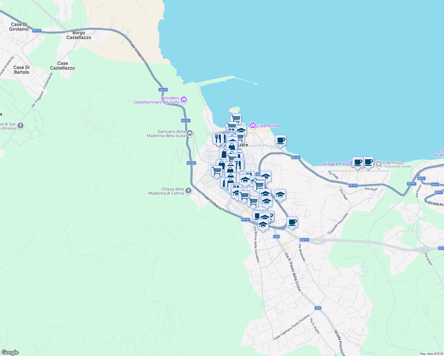 map of restaurants, bars, coffee shops, grocery stores, and more near 55 Via Schiavo in Castellammare del Golfo