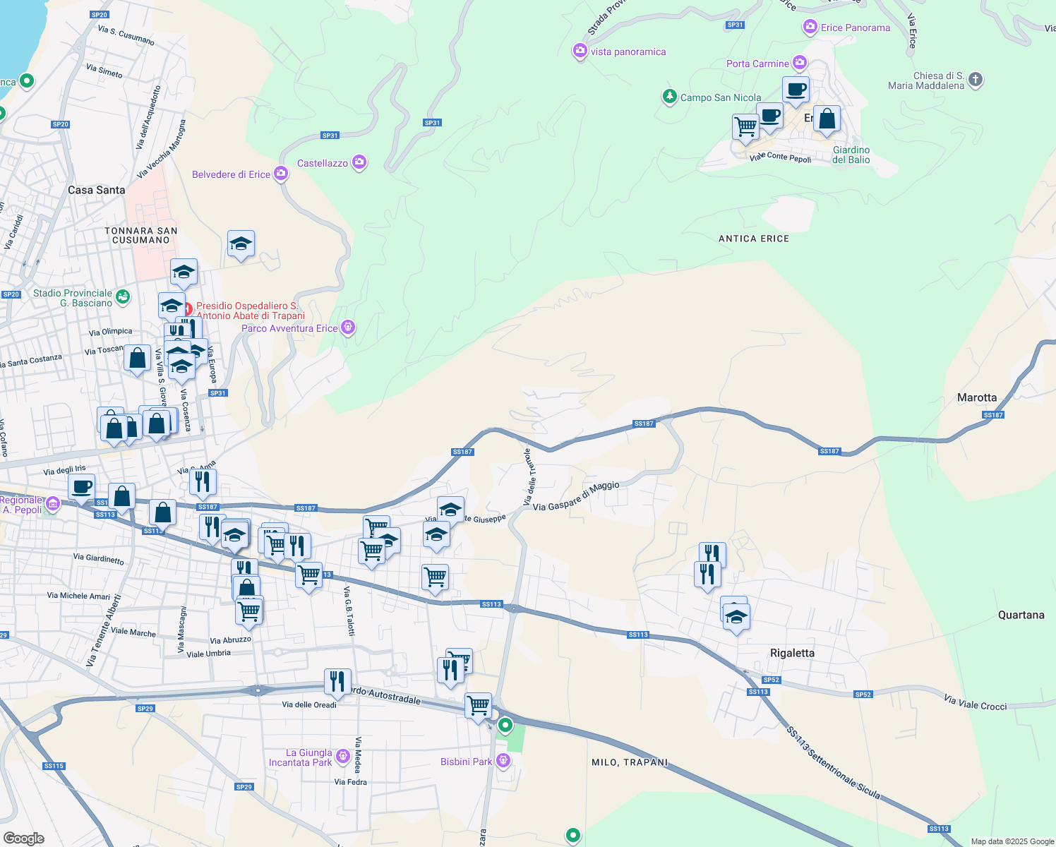 map of restaurants, bars, coffee shops, grocery stores, and more near Strada Provinciale 3 in Casa Santa