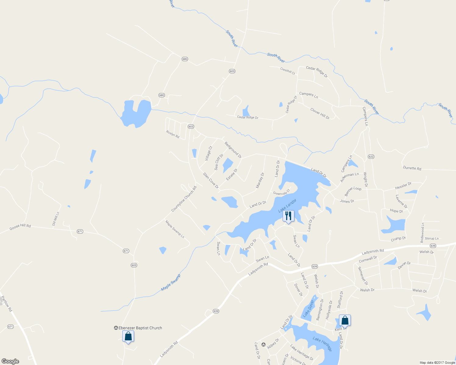 map of restaurants, bars, coffee shops, grocery stores, and more near 206 Estate Drive in Ruther Glen