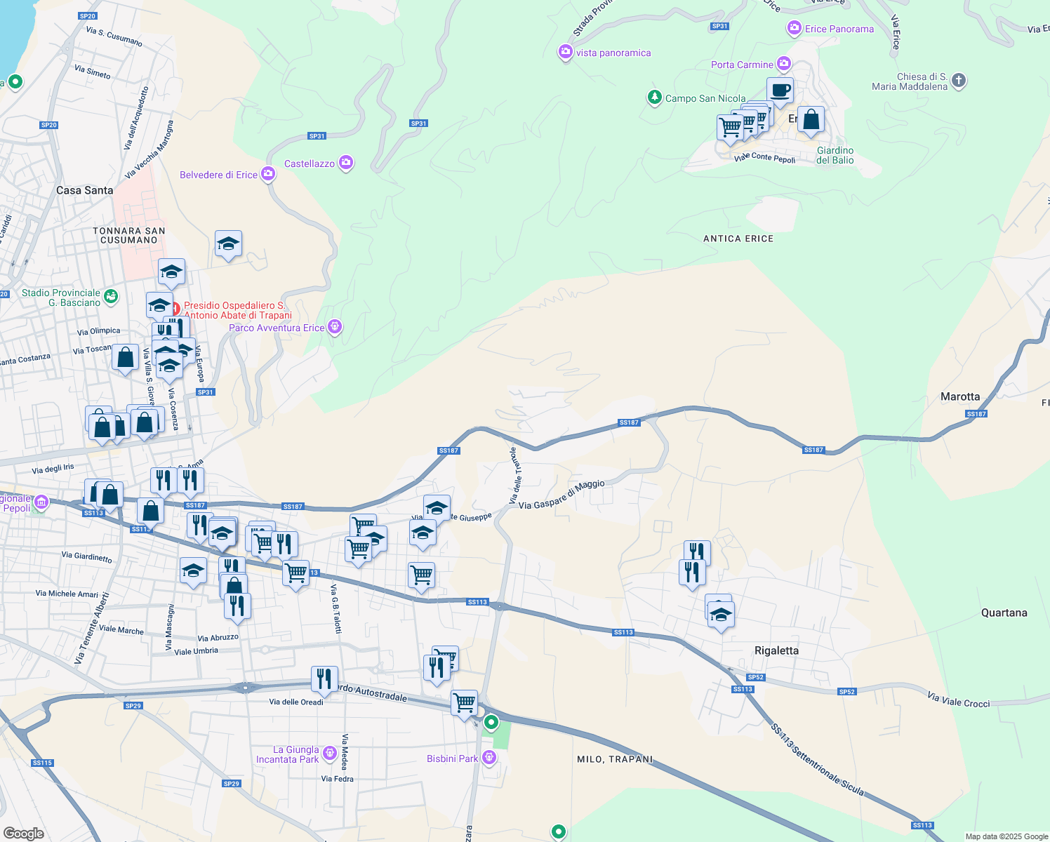 map of restaurants, bars, coffee shops, grocery stores, and more near Strada Provinciale 3 in Casa Santa