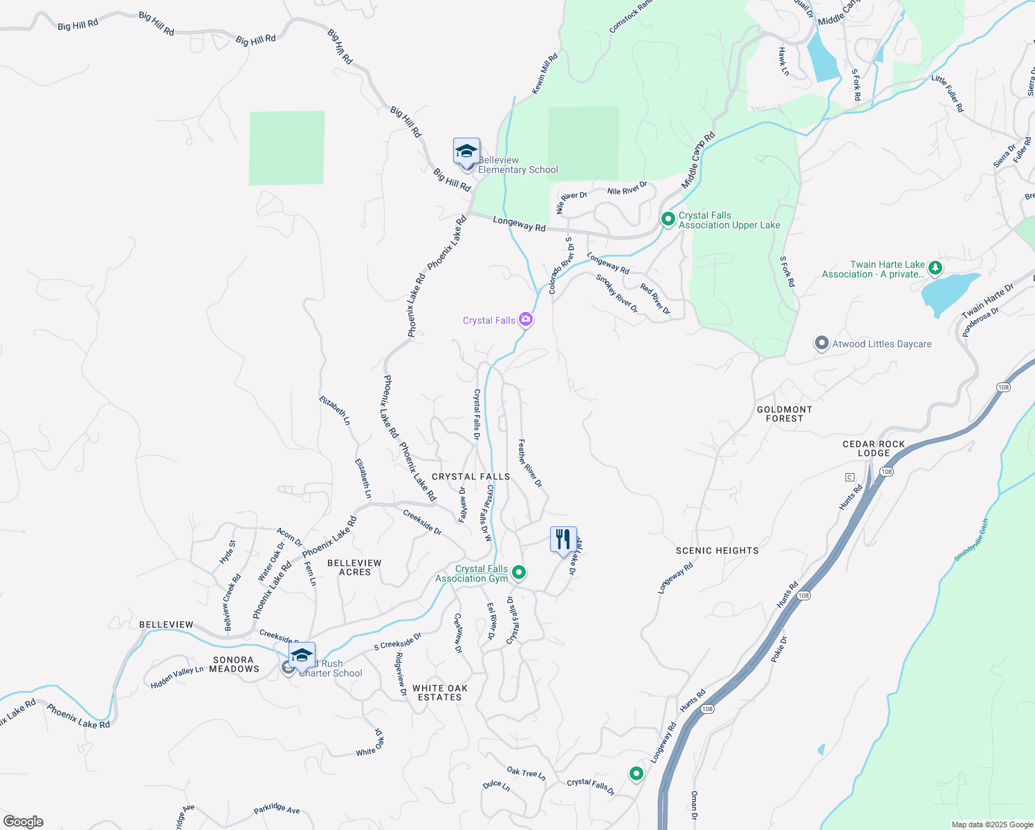 map of restaurants, bars, coffee shops, grocery stores, and more near 22100 Feather River Drive in Sonora