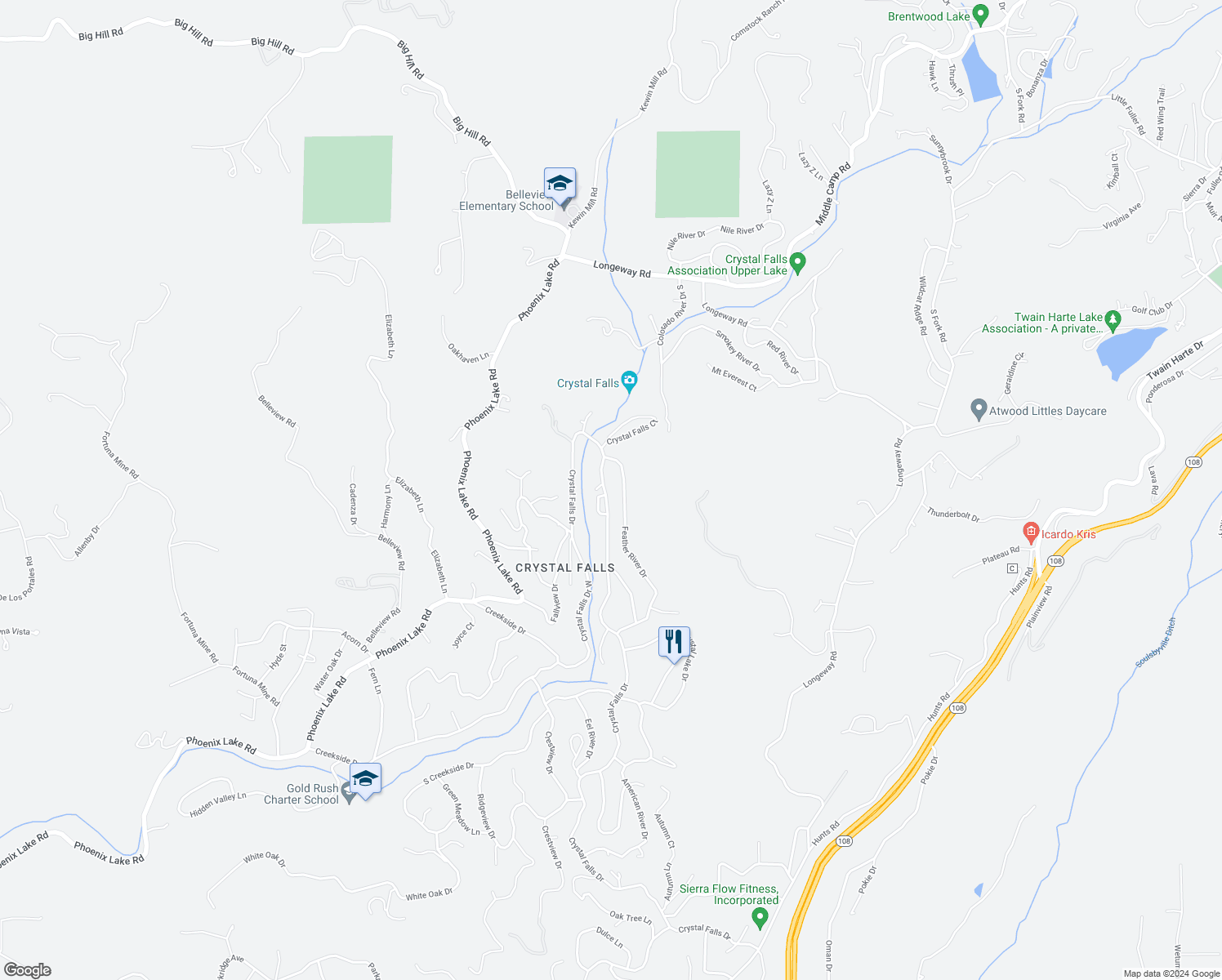 map of restaurants, bars, coffee shops, grocery stores, and more near 22101 Crystal Falls Drive in Sonora