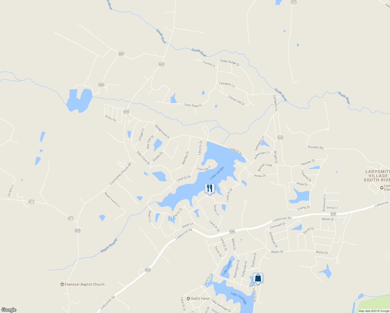 map of restaurants, bars, coffee shops, grocery stores, and more near 374 Land Or Drive in Ruther Glen