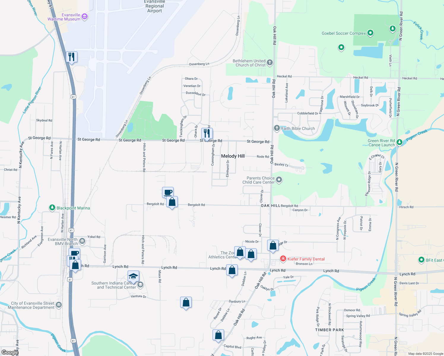map of restaurants, bars, coffee shops, grocery stores, and more near 2600 Vista View Dr in Evansville