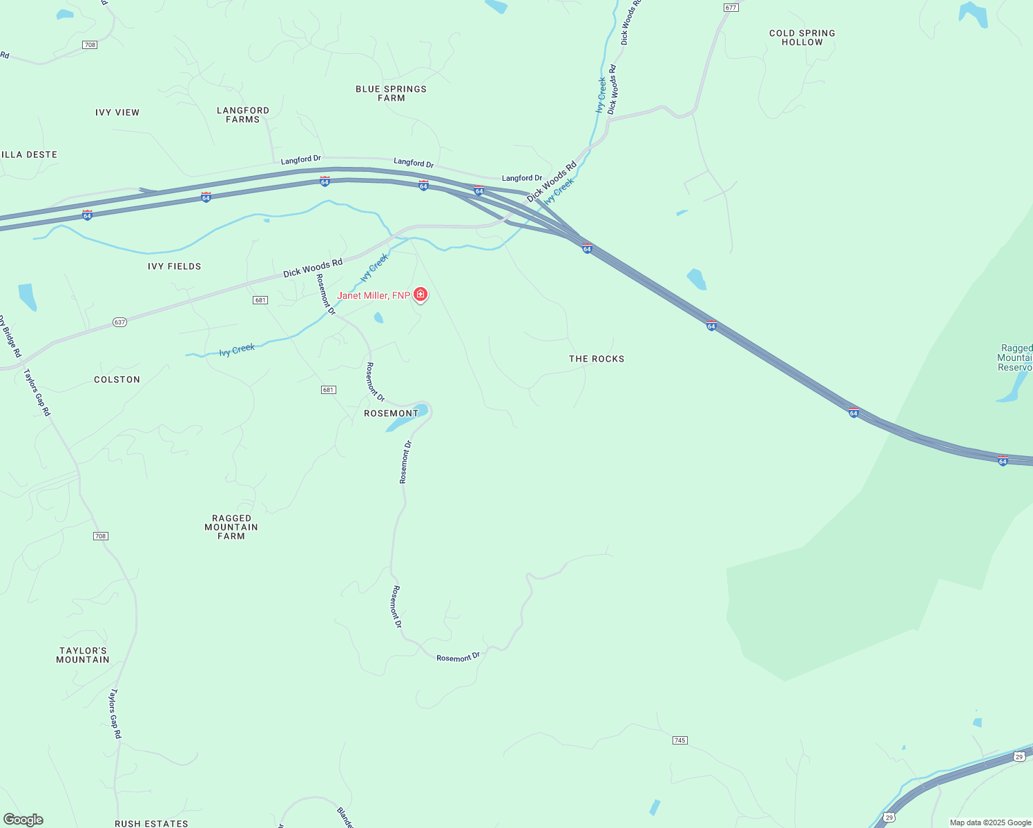 map of restaurants, bars, coffee shops, grocery stores, and more near 3541 Dick Woods Road in Charlottesville