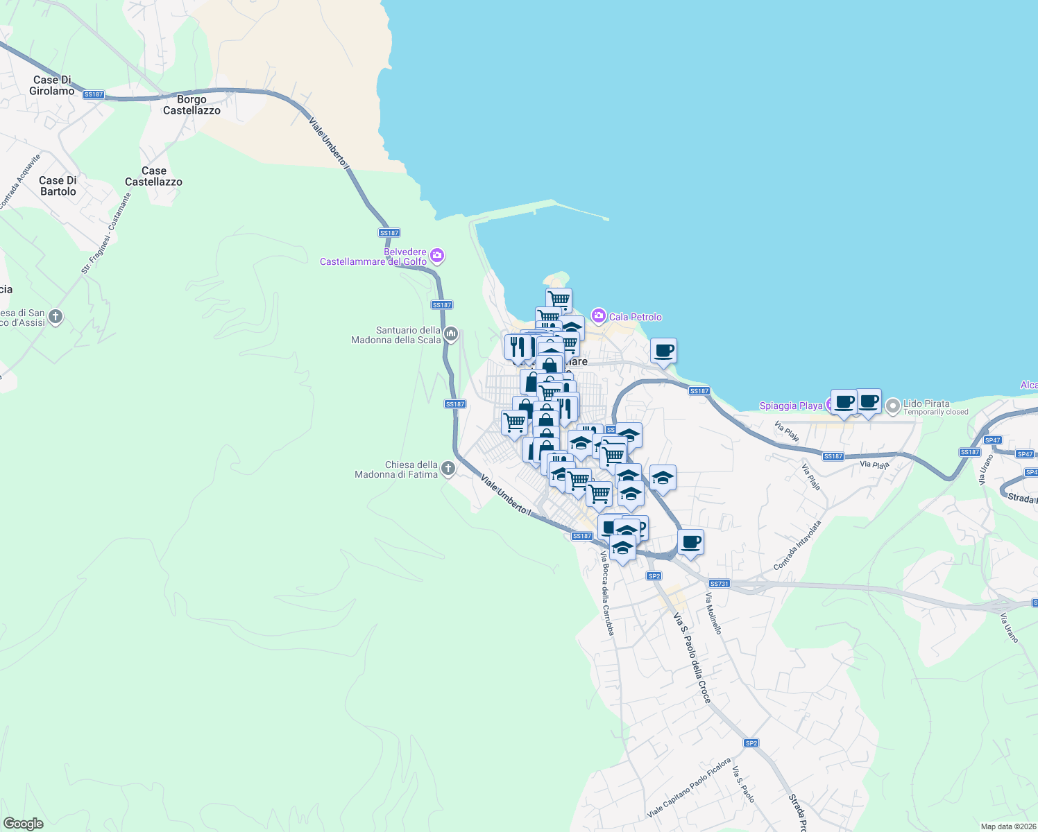 map of restaurants, bars, coffee shops, grocery stores, and more near 55 Via Schiavo in Castellammare del Golfo