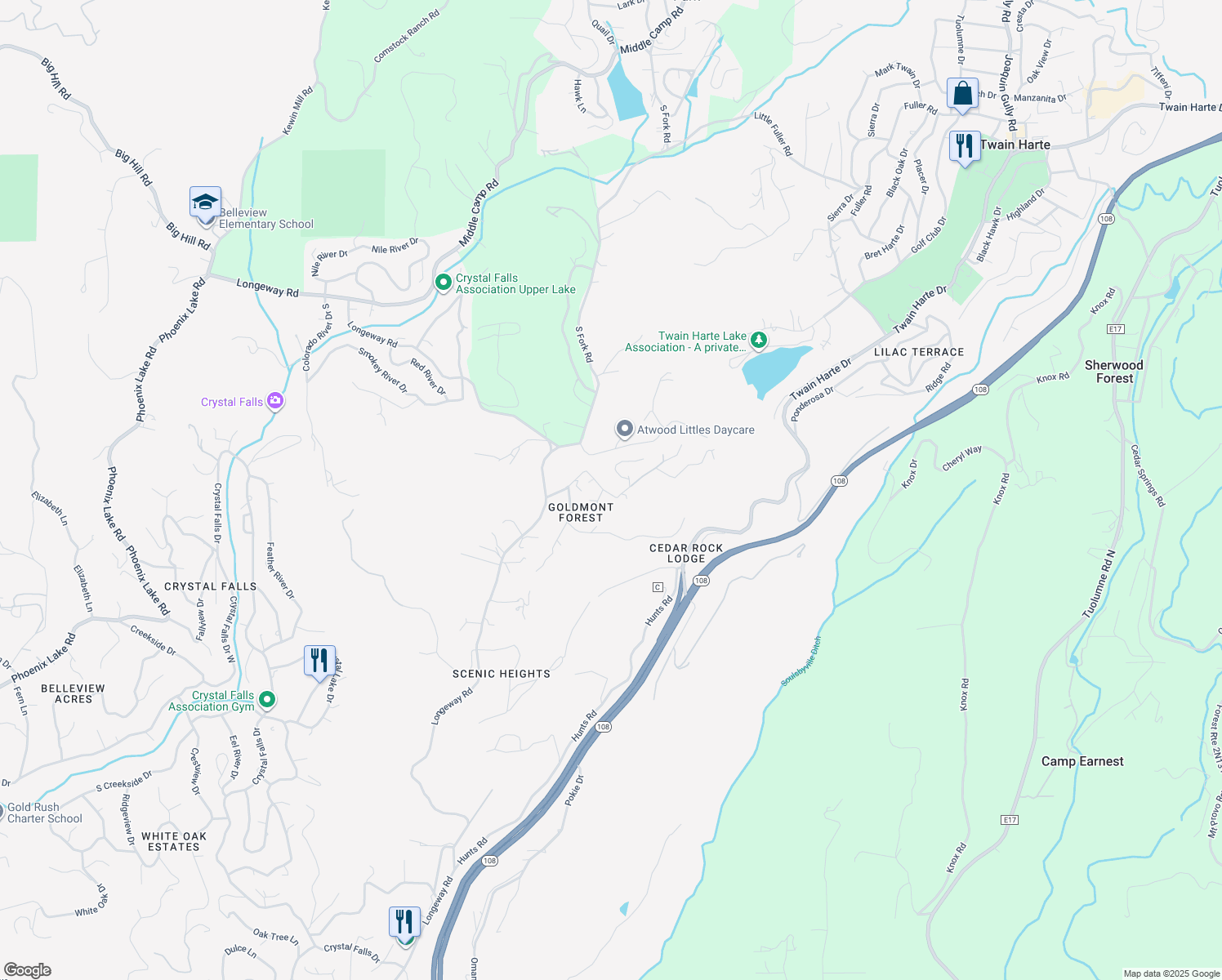 map of restaurants, bars, coffee shops, grocery stores, and more near 17800 Lucky Strike Trail in Sonora