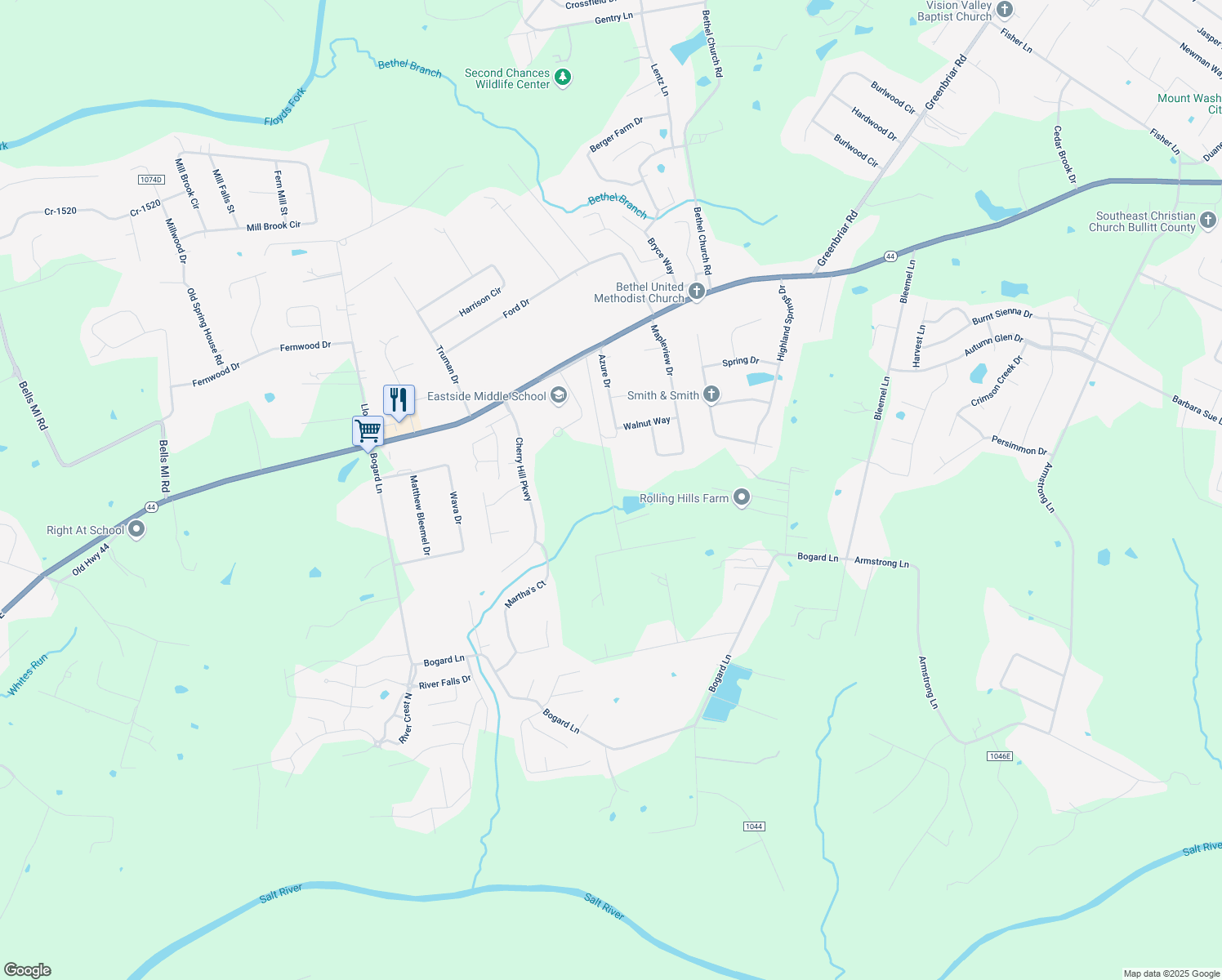 map of restaurants, bars, coffee shops, grocery stores, and more near 658 Ellis Cook Road in Mount Washington