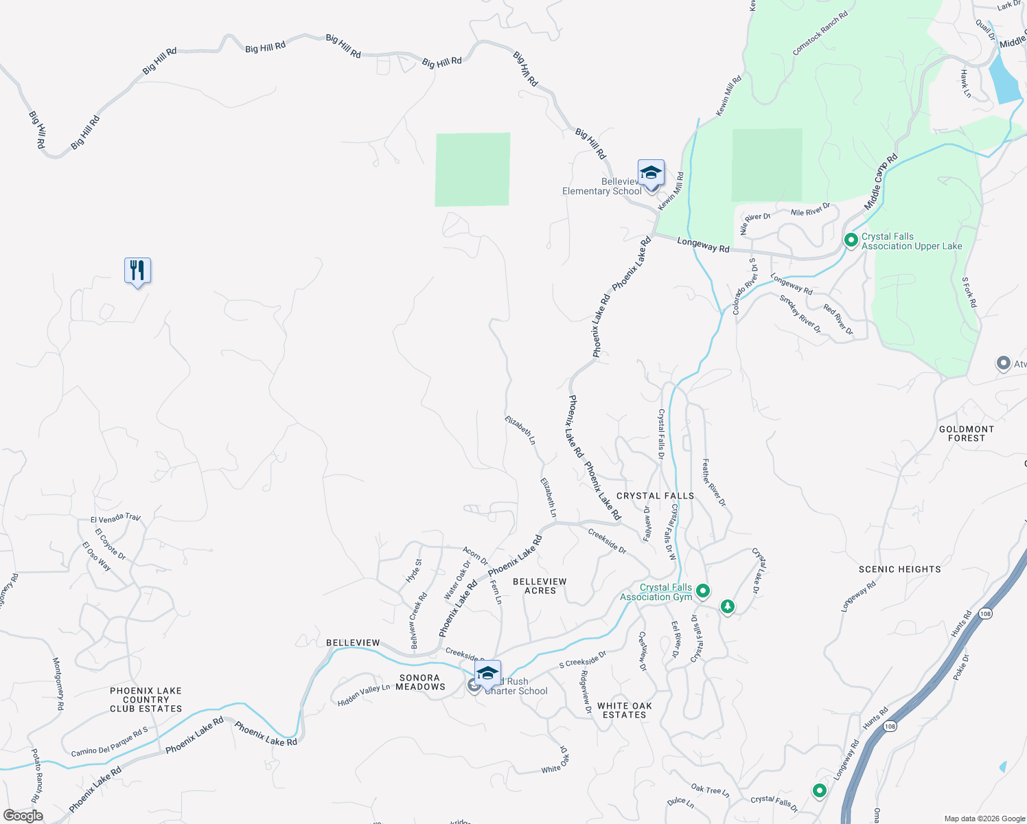 map of restaurants, bars, coffee shops, grocery stores, and more near 22111 Elizabeth Lane in Sonora