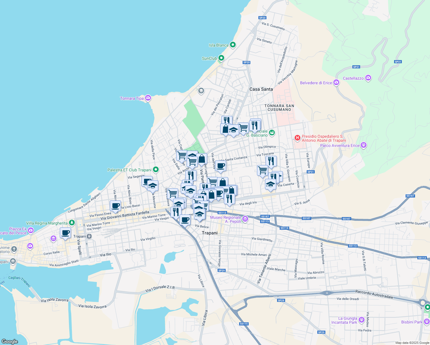 map of restaurants, bars, coffee shops, grocery stores, and more near 64 Via del Cipresso in Trapani