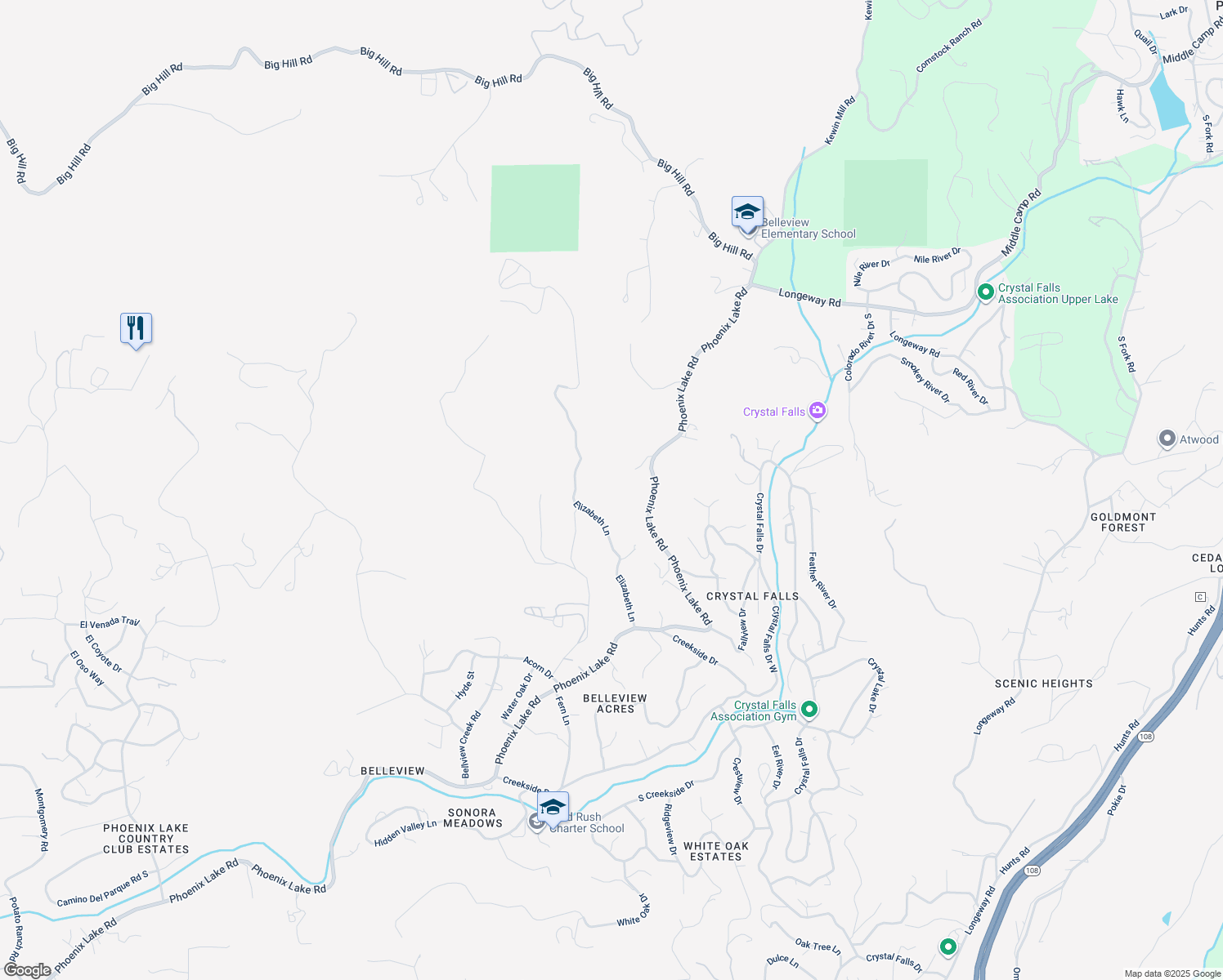 map of restaurants, bars, coffee shops, grocery stores, and more near 16650 Granite Ridge Lane in Sonora