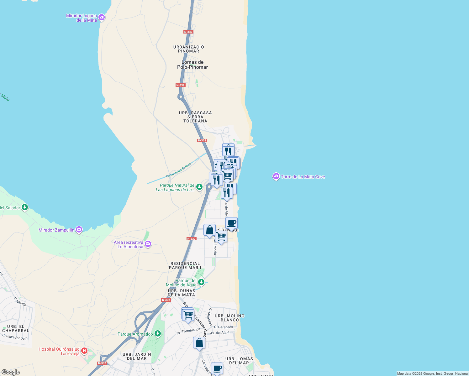 map of restaurants, bars, coffee shops, grocery stores, and more near Av de la Sal in Torrevieja
