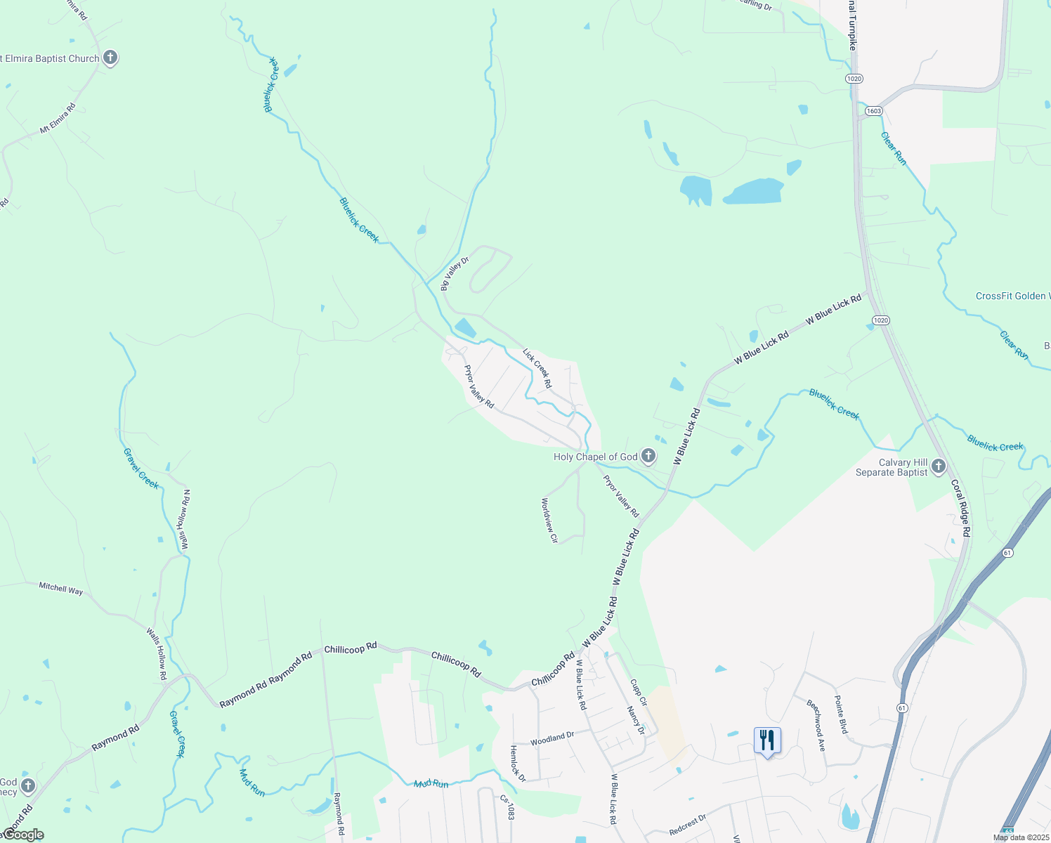 map of restaurants, bars, coffee shops, grocery stores, and more near 610 Pryor Valley Road in Shepherdsville