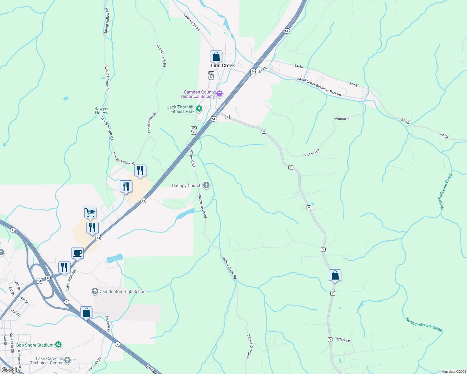 map of restaurants, bars, coffee shops, grocery stores, and more near in Linn Creek
