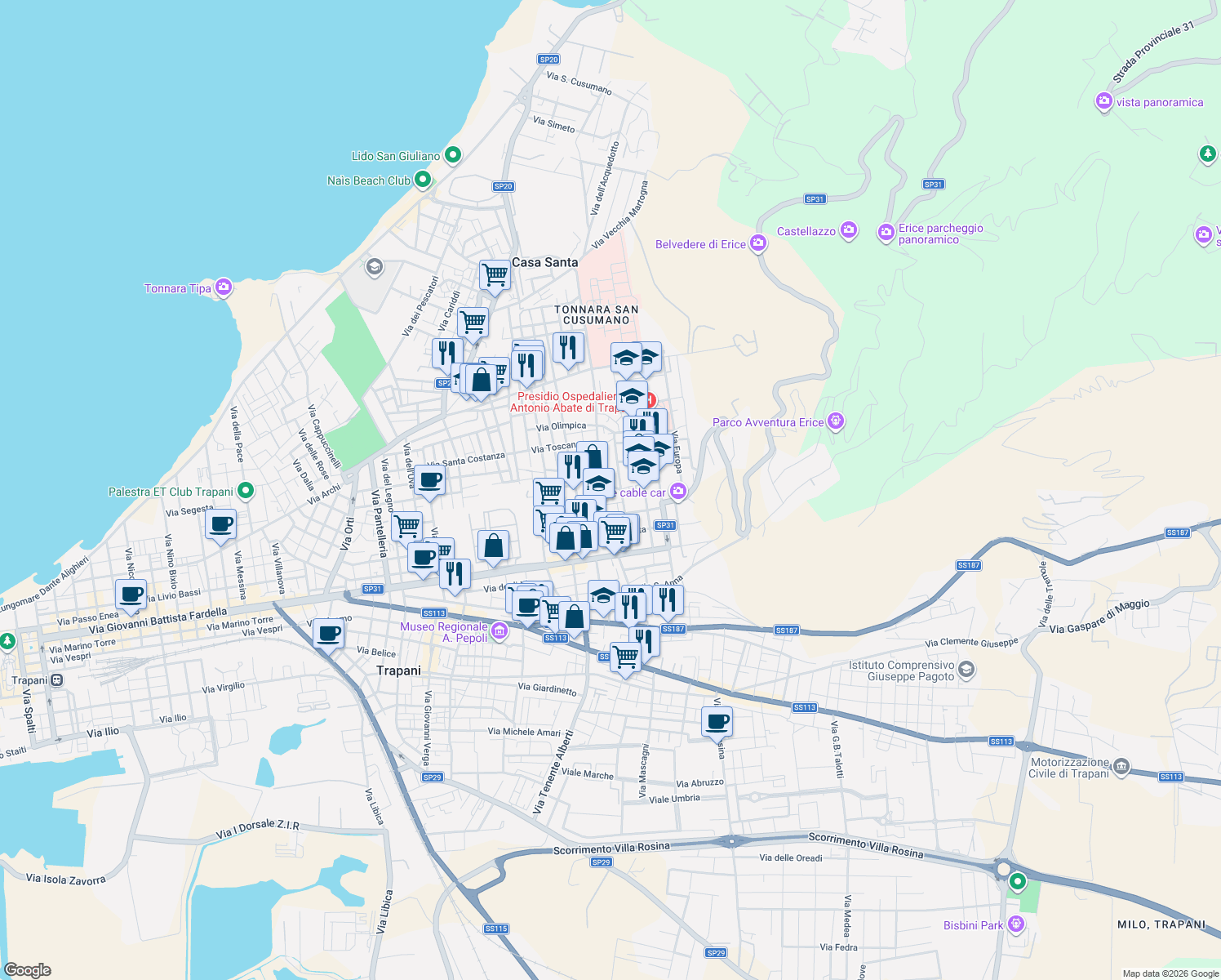 map of restaurants, bars, coffee shops, grocery stores, and more near 13 Via Aiuto Angelo in Casa Santa