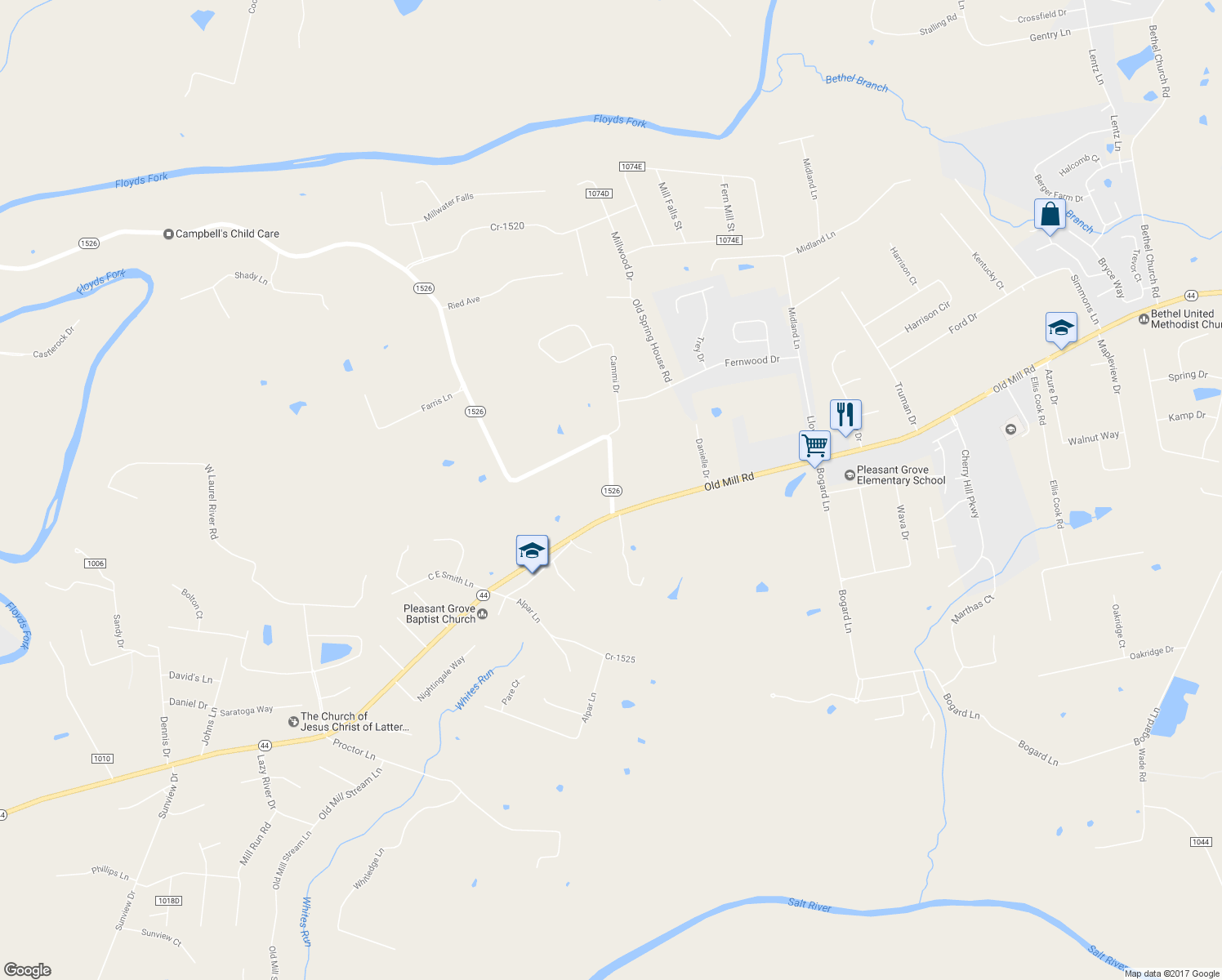 map of restaurants, bars, coffee shops, grocery stores, and more near 3633 Bells Mill Rd in Shepherdsville