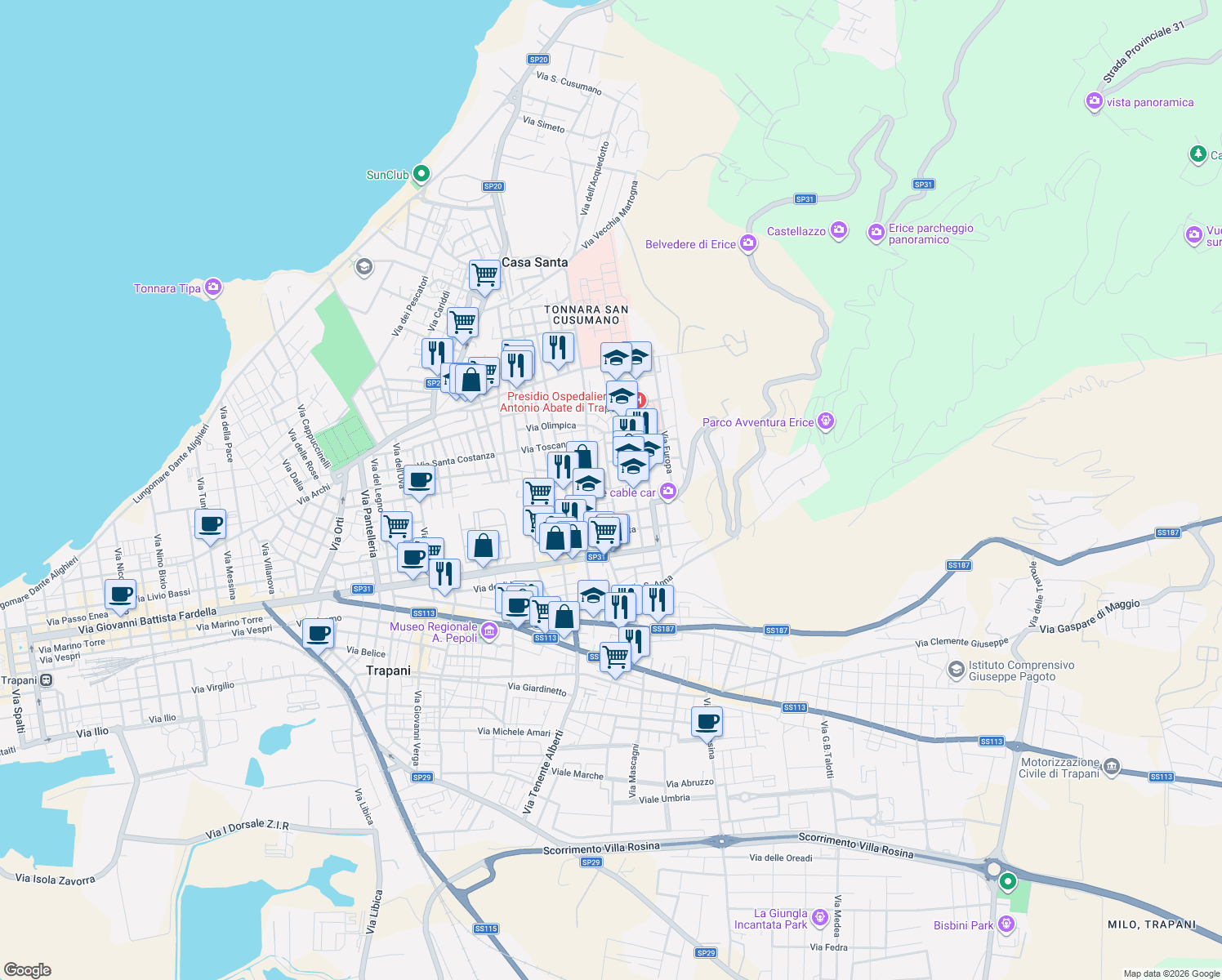 map of restaurants, bars, coffee shops, grocery stores, and more near 13 Via Aiuto Angelo in Casa Santa