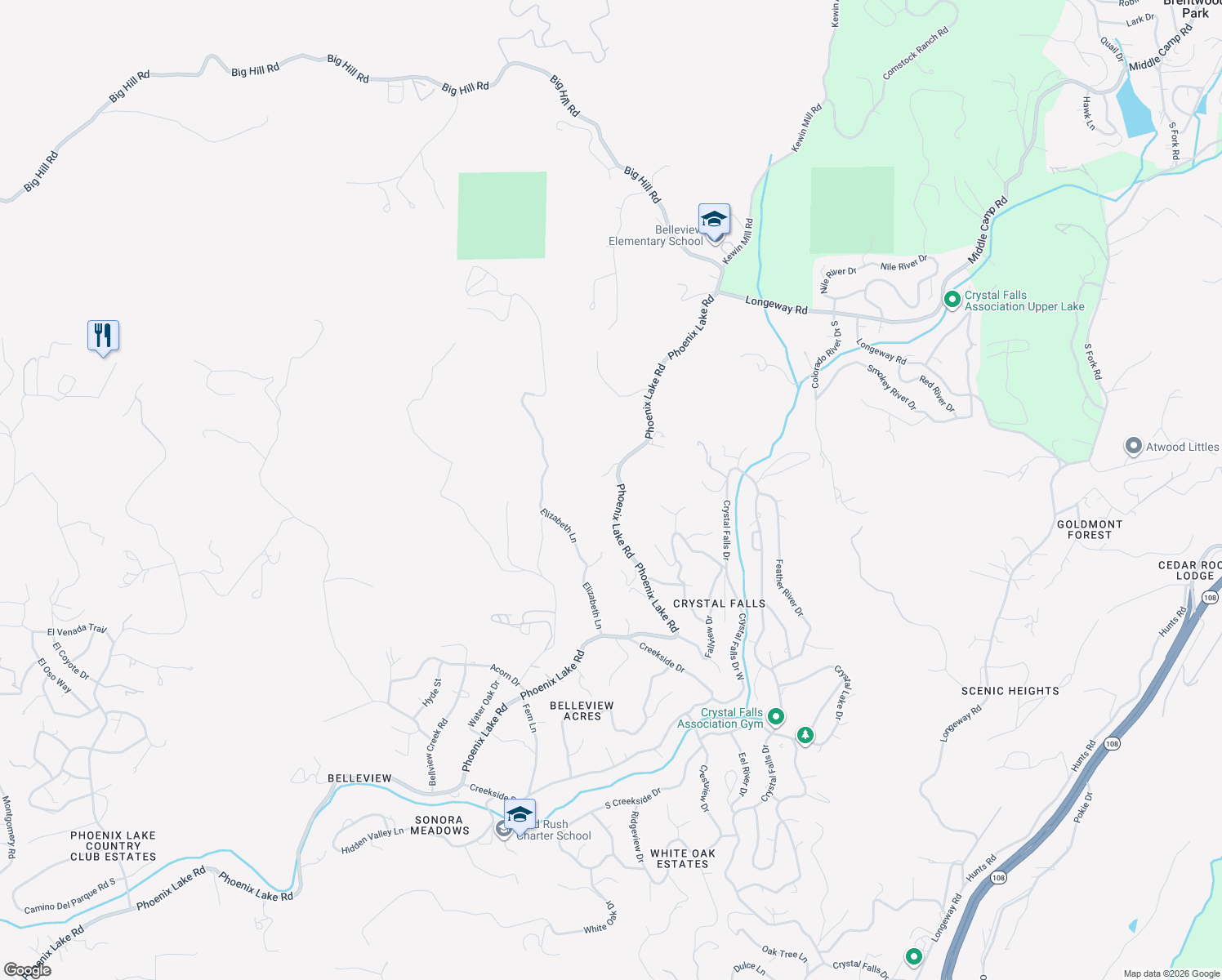 map of restaurants, bars, coffee shops, grocery stores, and more near 16655 Riley Road in Sonora