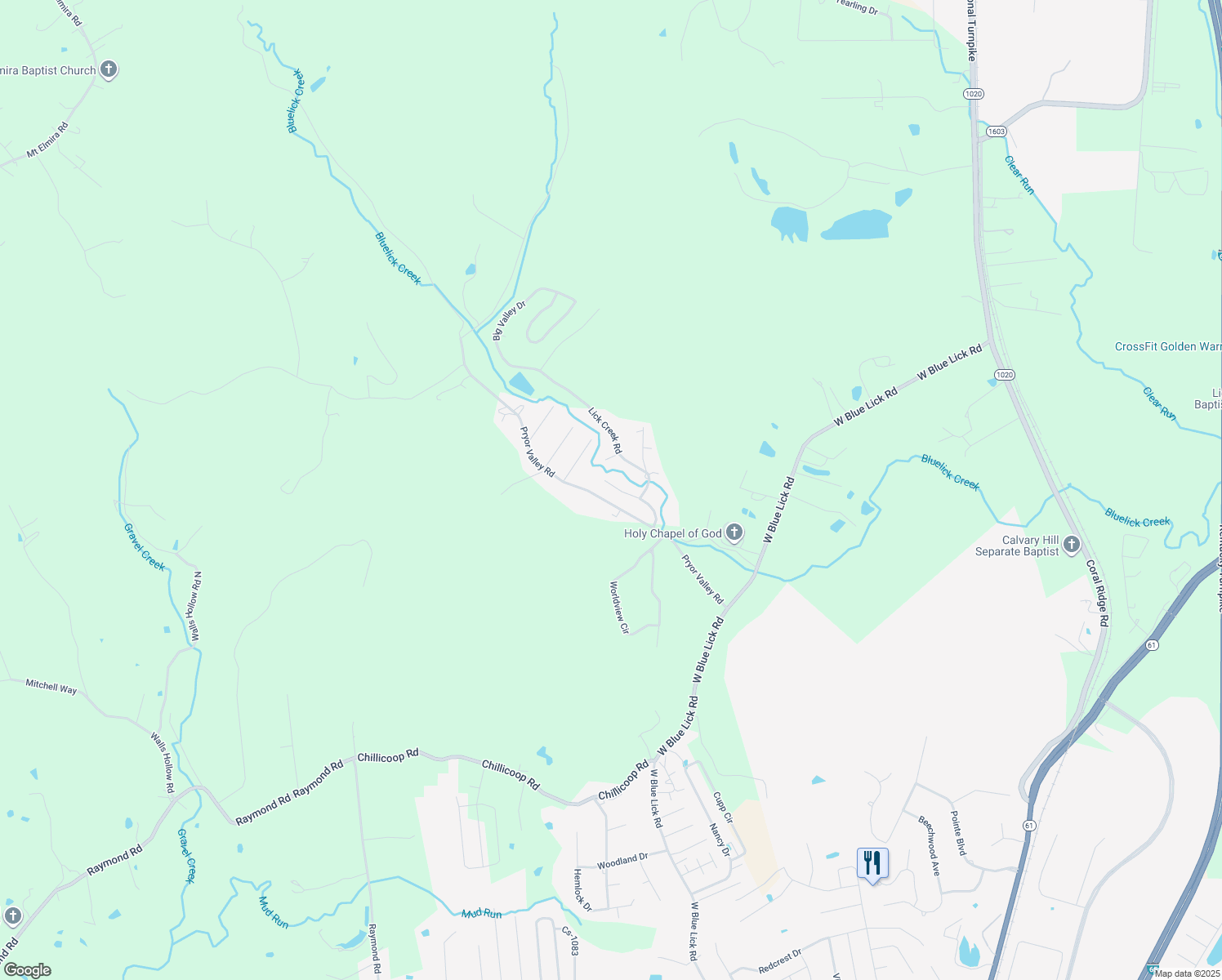 map of restaurants, bars, coffee shops, grocery stores, and more near 610 Pryor Valley Road in Shepherdsville