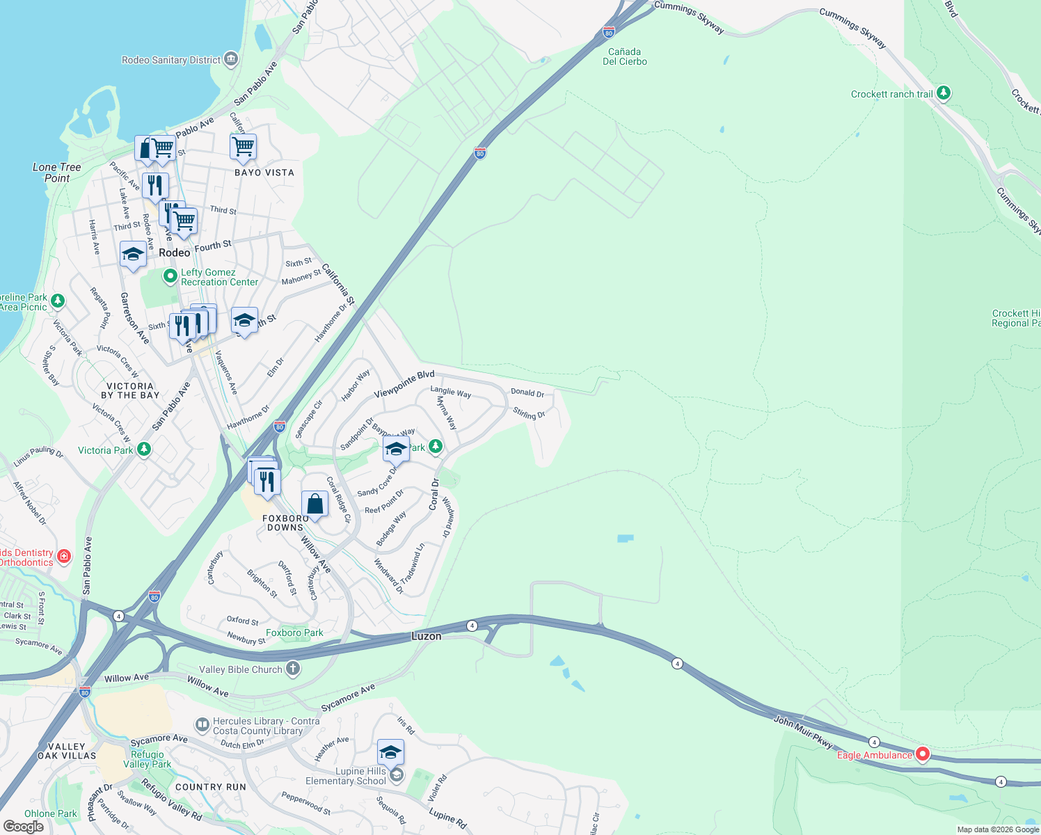 map of restaurants, bars, coffee shops, grocery stores, and more near 1212 Stirling Drive in Rodeo