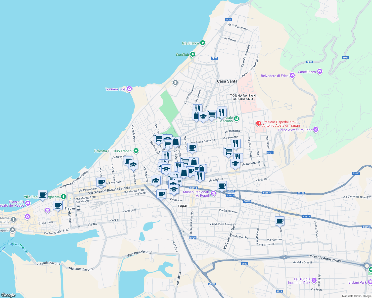 map of restaurants, bars, coffee shops, grocery stores, and more near 64 Via del Cipresso in Trapani