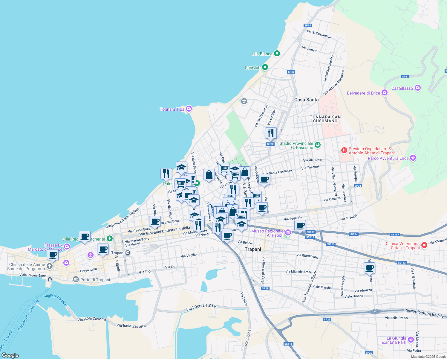 map of restaurants, bars, coffee shops, grocery stores, and more near 139 Via Archi in Trapani
