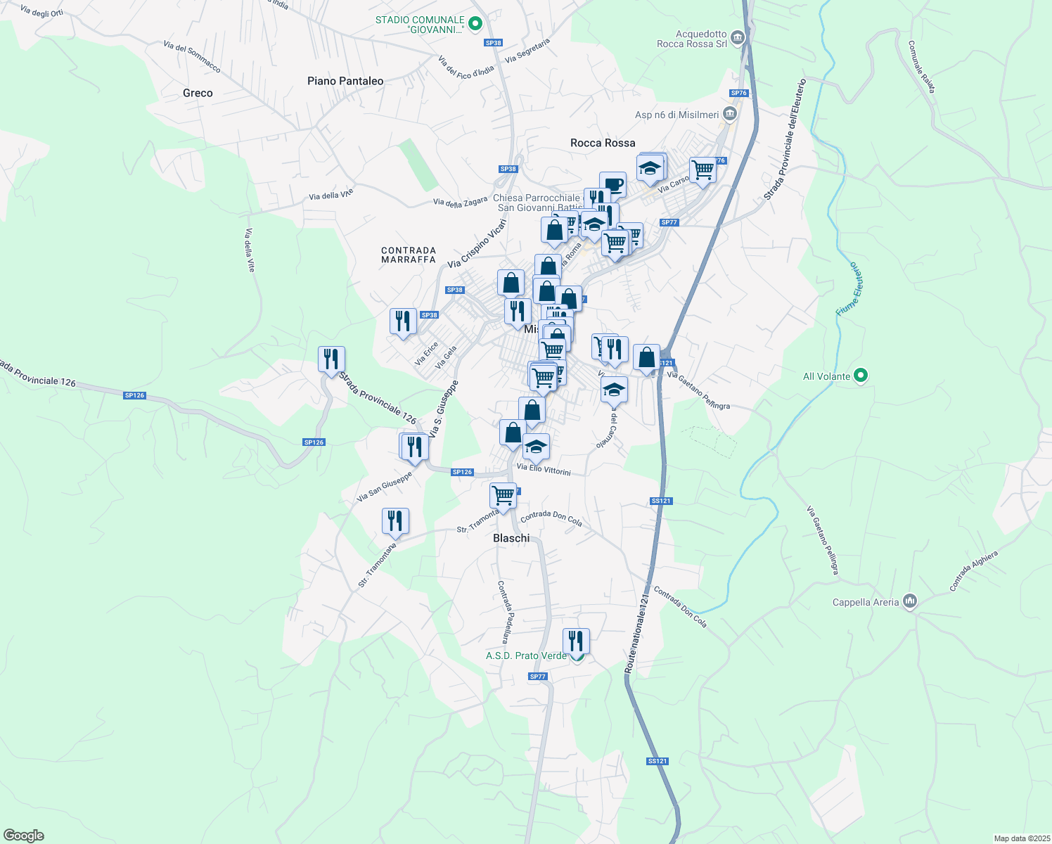 map of restaurants, bars, coffee shops, grocery stores, and more near 15 Via Renato Guttuso in Misilmeri