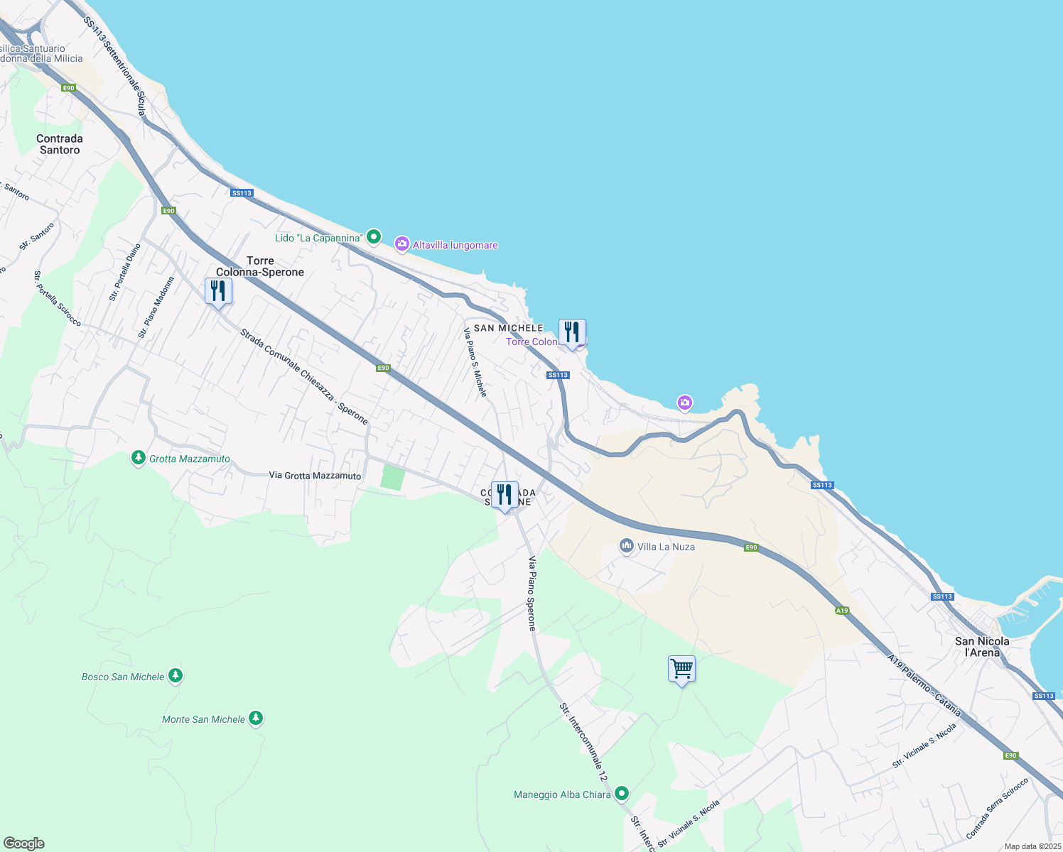 map of restaurants, bars, coffee shops, grocery stores, and more near Via Piano San Michele XVII in Torre Colonna-sperone