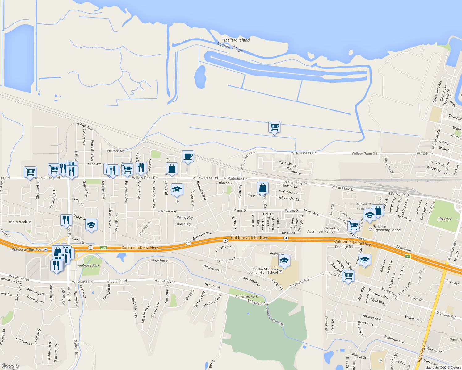 map of restaurants, bars, coffee shops, grocery stores, and more near 164 East Trident Drive in Pittsburg