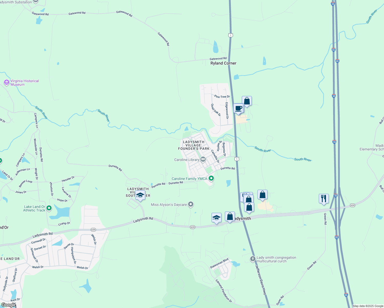 map of restaurants, bars, coffee shops, grocery stores, and more near 7132 Conway Place in Ruther Glen