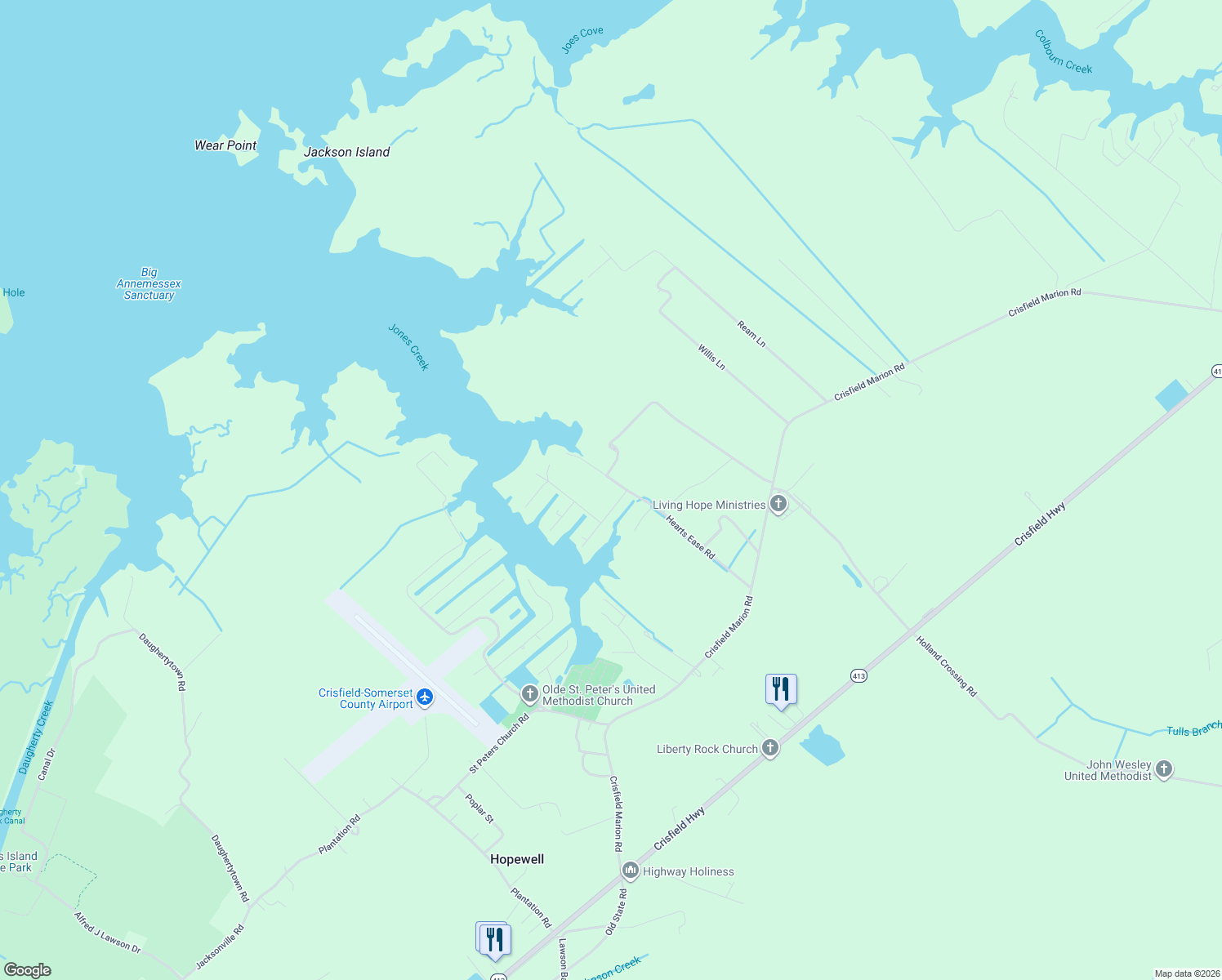 map of restaurants, bars, coffee shops, grocery stores, and more near 27103 Gillette Drive in Crisfield