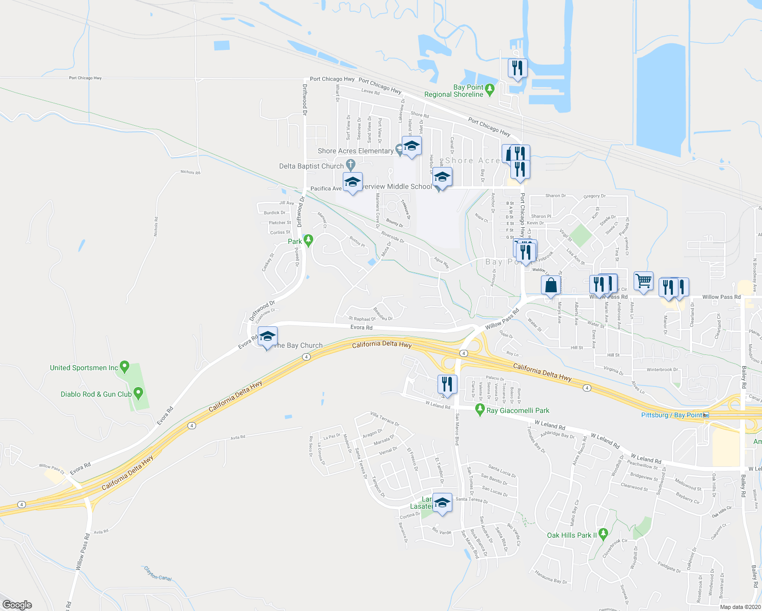 map of restaurants, bars, coffee shops, grocery stores, and more near 335 Rapallo Lane in Bay Point
