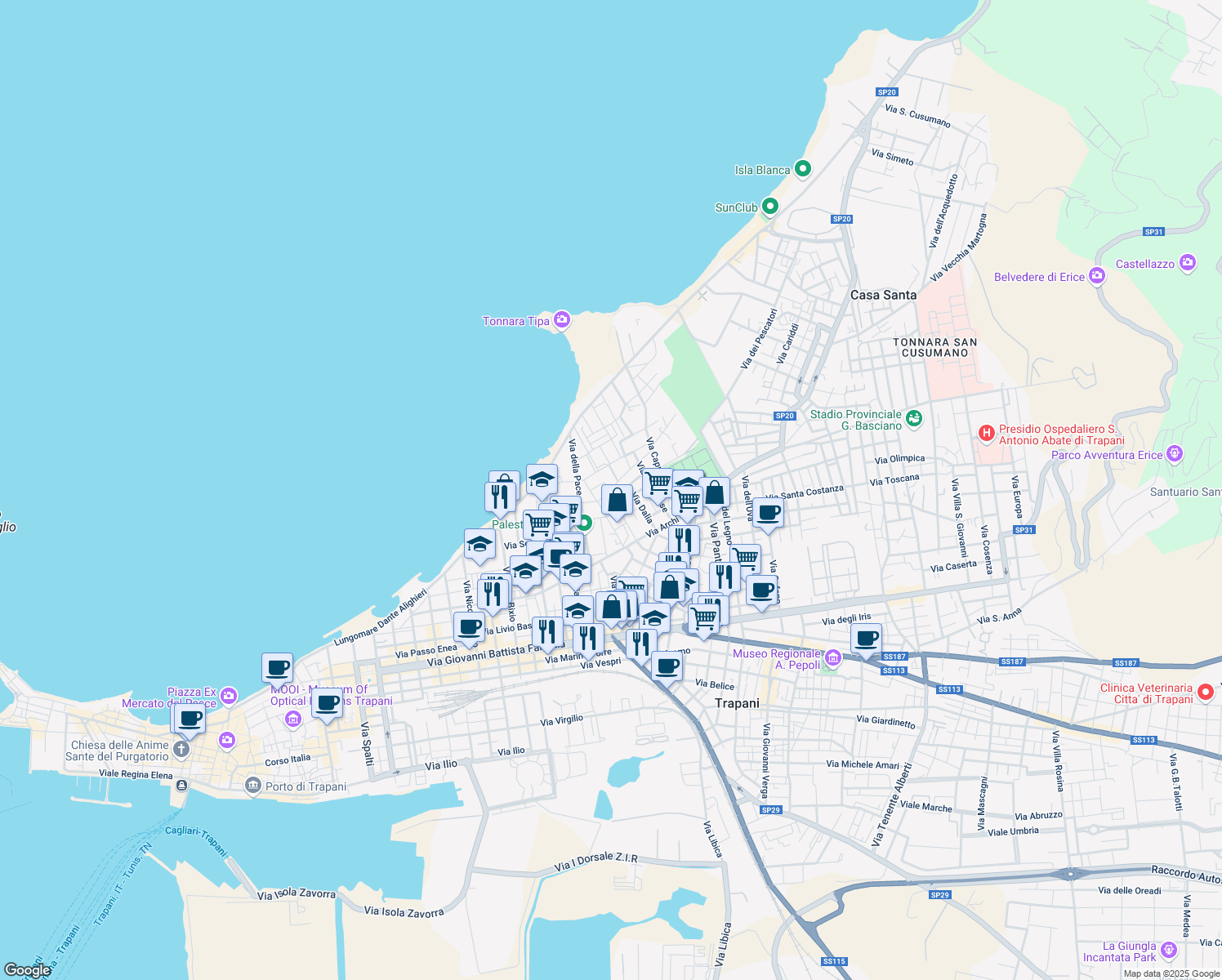 map of restaurants, bars, coffee shops, grocery stores, and more near 41 Via Valenza Benedetto in Trapani