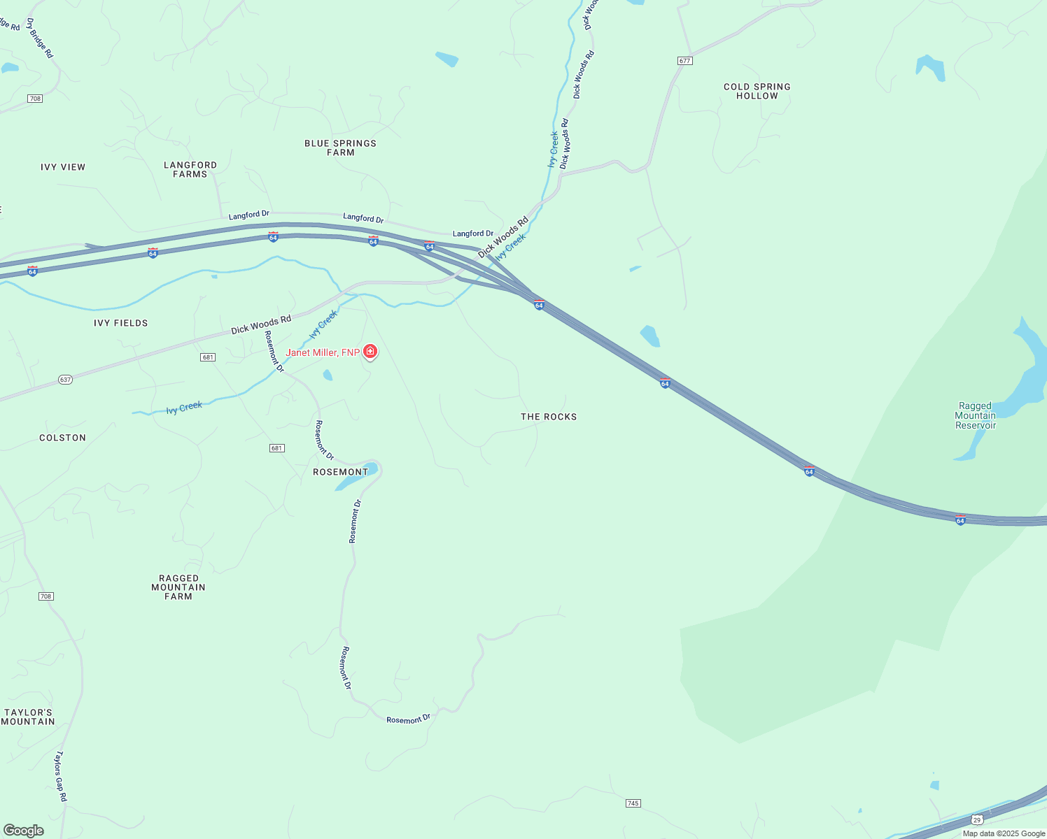 map of restaurants, bars, coffee shops, grocery stores, and more near 3410 Rocks Mill Lane in Charlottesville