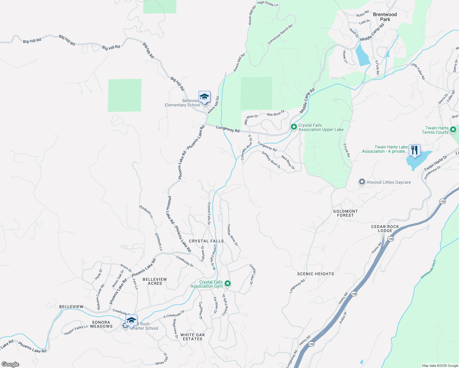 map of restaurants, bars, coffee shops, grocery stores, and more near 22244 Crystal Falls Drive in Sonora