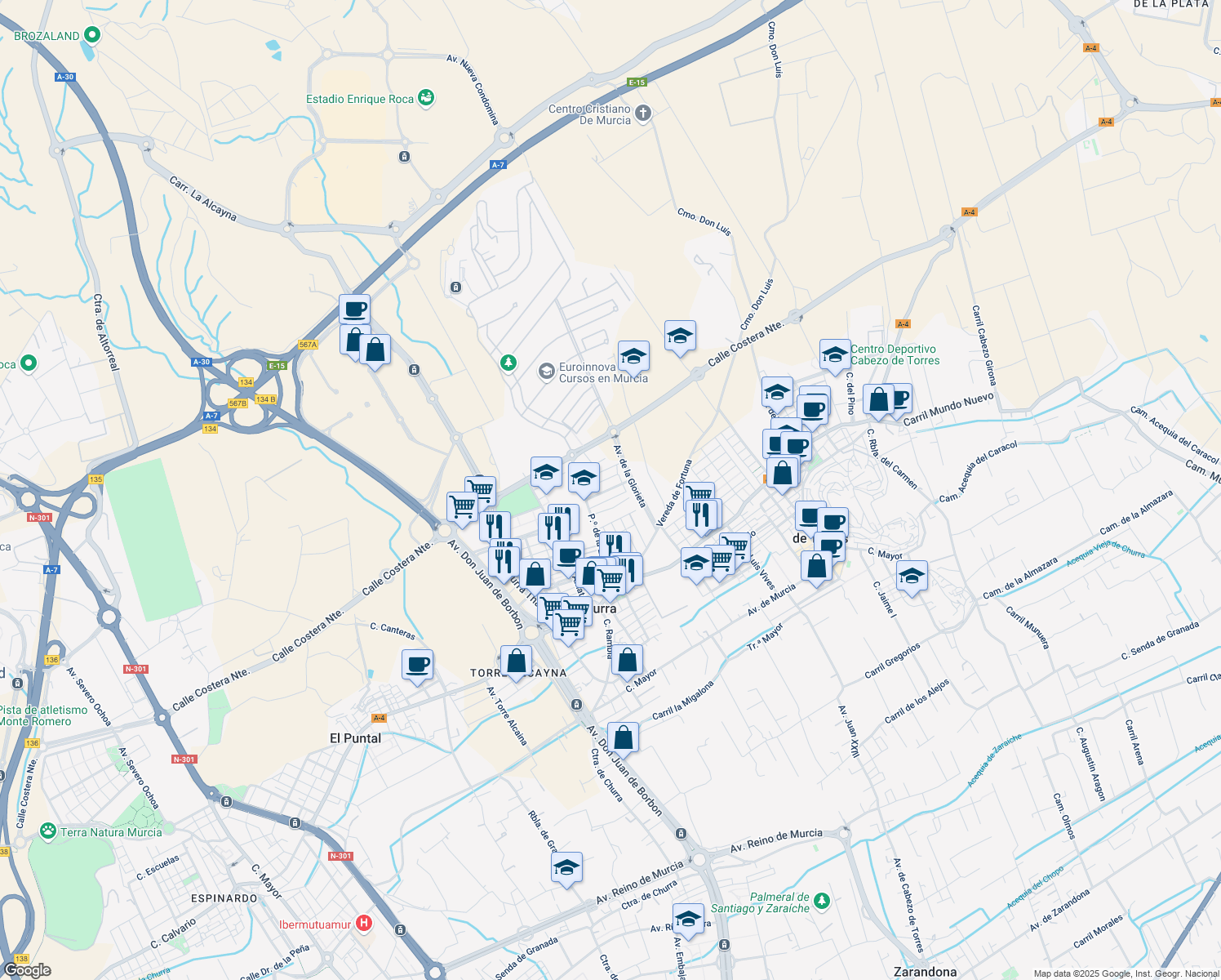 map of restaurants, bars, coffee shops, grocery stores, and more near 20 Calle Acacia in Murcia