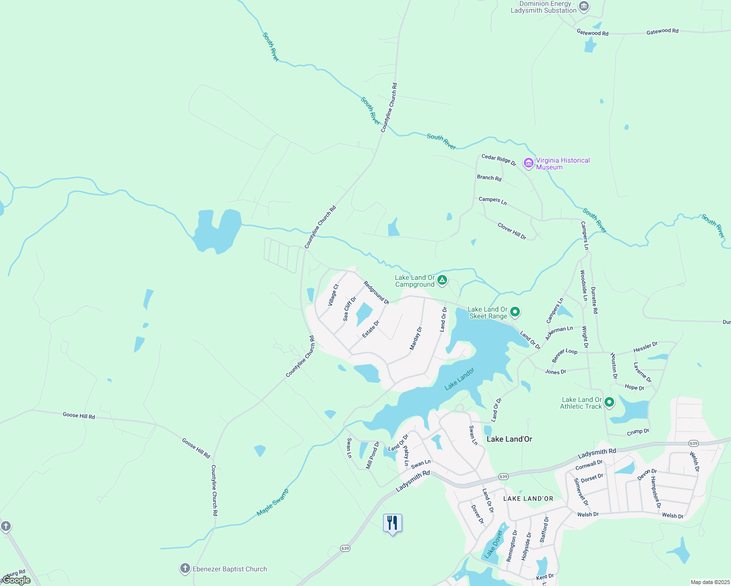 map of restaurants, bars, coffee shops, grocery stores, and more near 230 Sea Cliff Drive in Ruther Glen