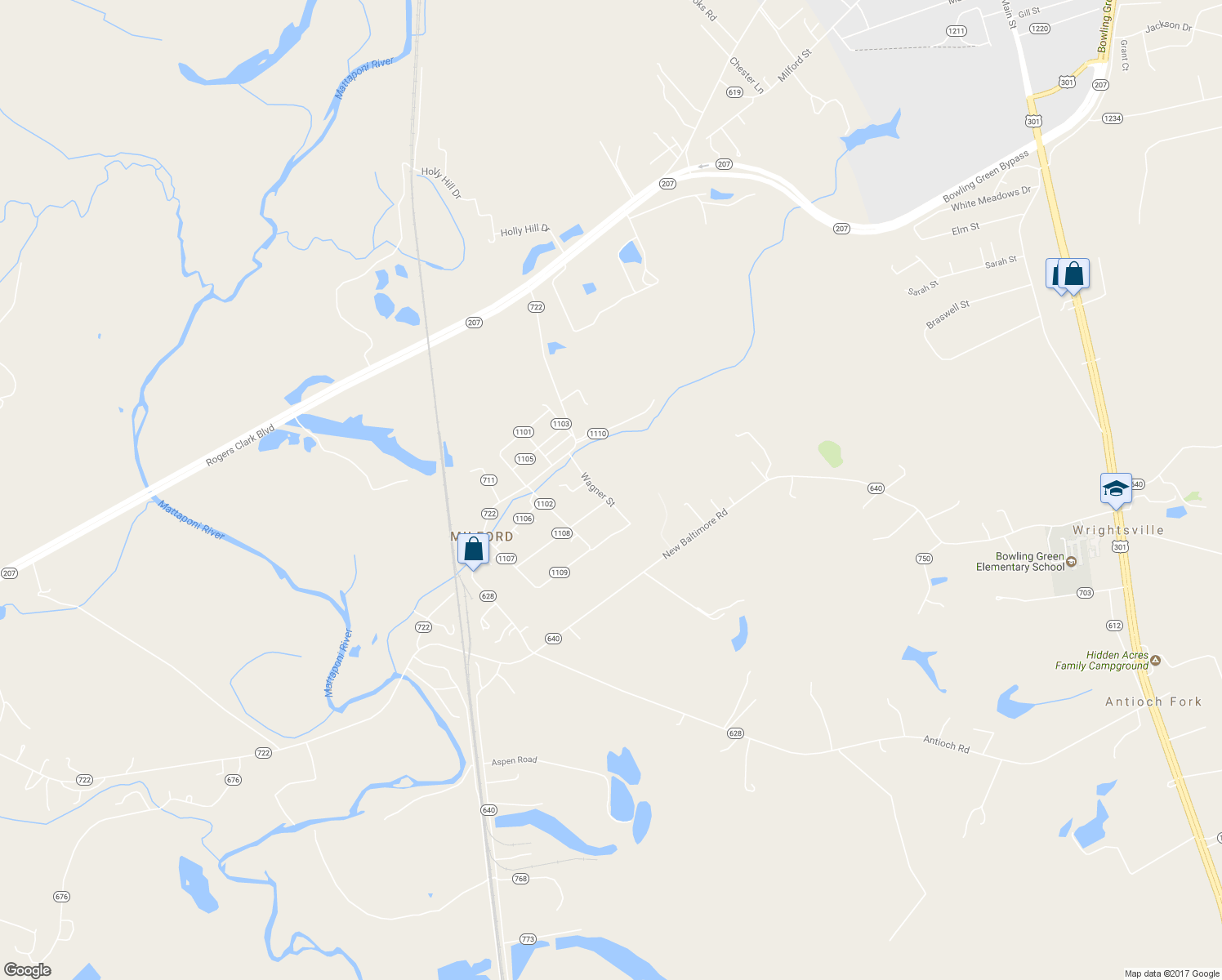 map of restaurants, bars, coffee shops, grocery stores, and more near 17199 Wagner Street in Caroline