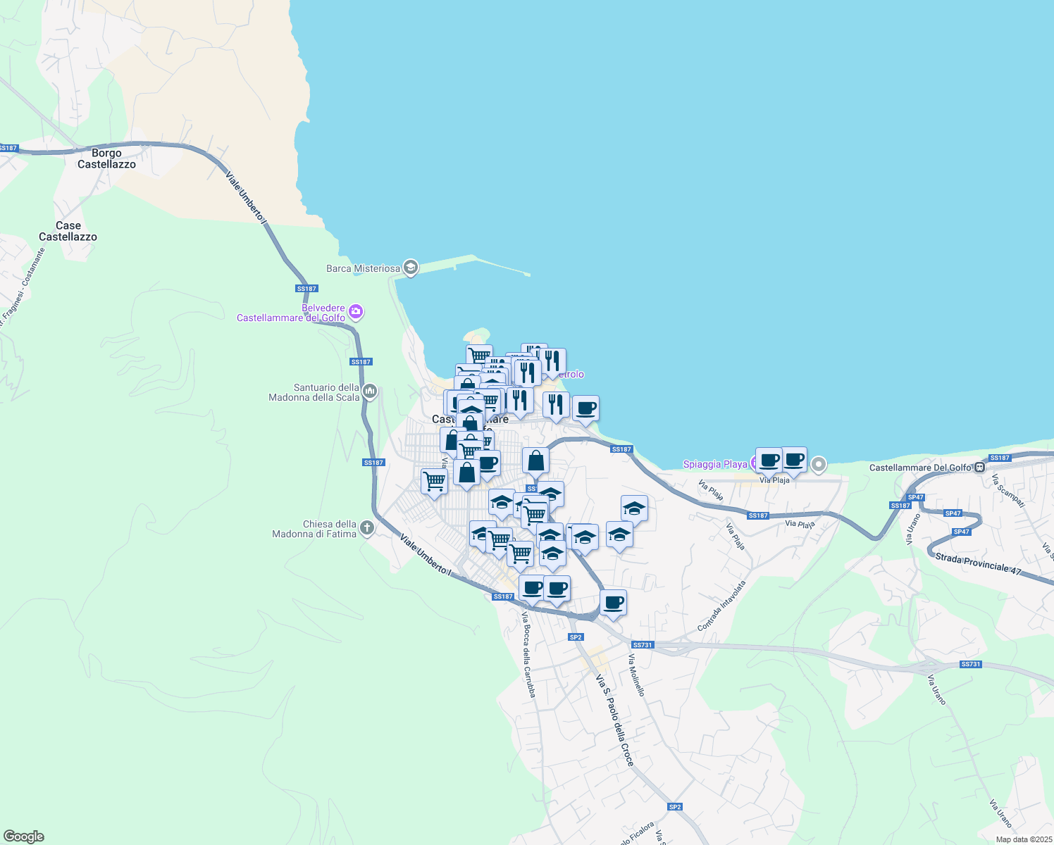 map of restaurants, bars, coffee shops, grocery stores, and more near 151 Via Guglielmo Marconi in Castellammare del Golfo