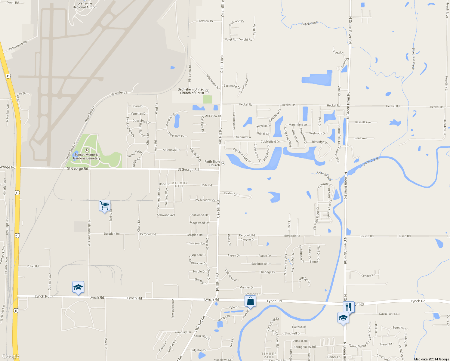 map of restaurants, bars, coffee shops, grocery stores, and more near 5325 Oak Hill Rd in Evansville