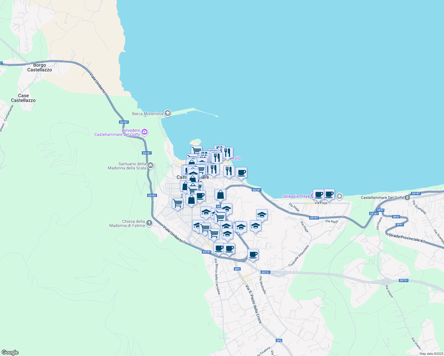 map of restaurants, bars, coffee shops, grocery stores, and more near 151 Via Guglielmo Marconi in Castellammare del Golfo
