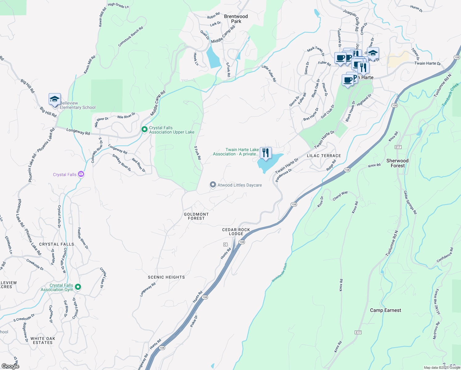 map of restaurants, bars, coffee shops, grocery stores, and more near 17953 Good Shepherd Drive in Sonora