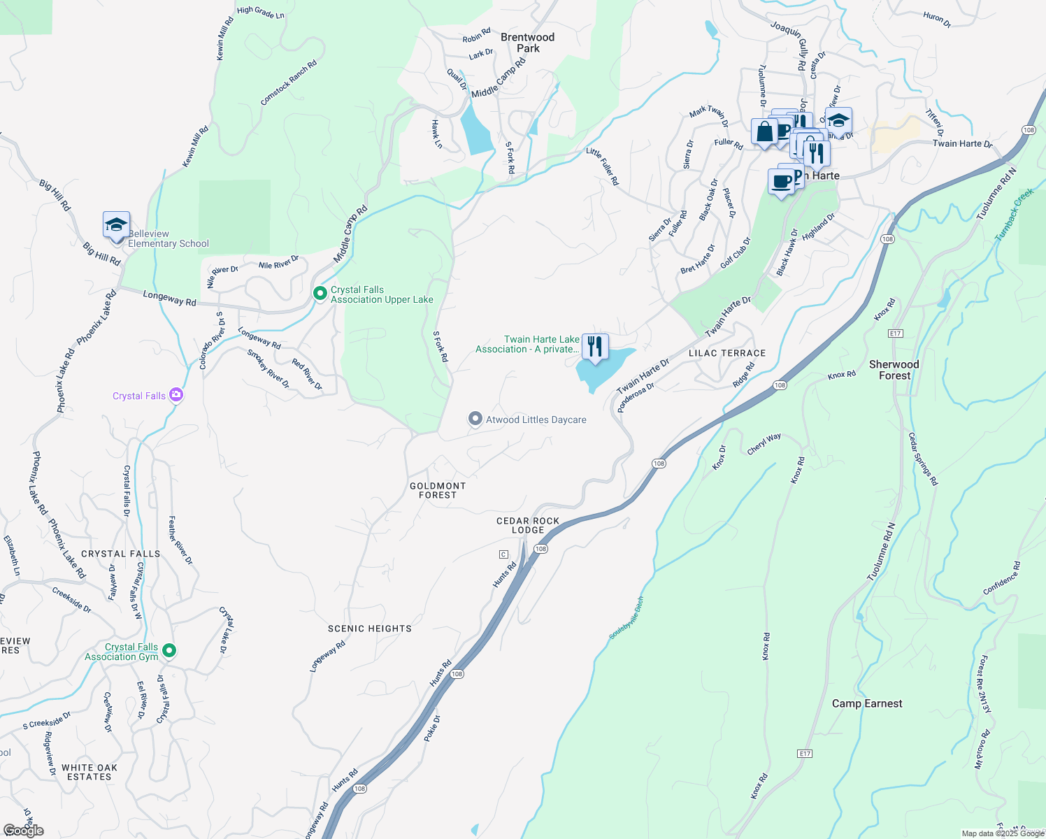 map of restaurants, bars, coffee shops, grocery stores, and more near 17953 Good Shepherd Dr in Sonora