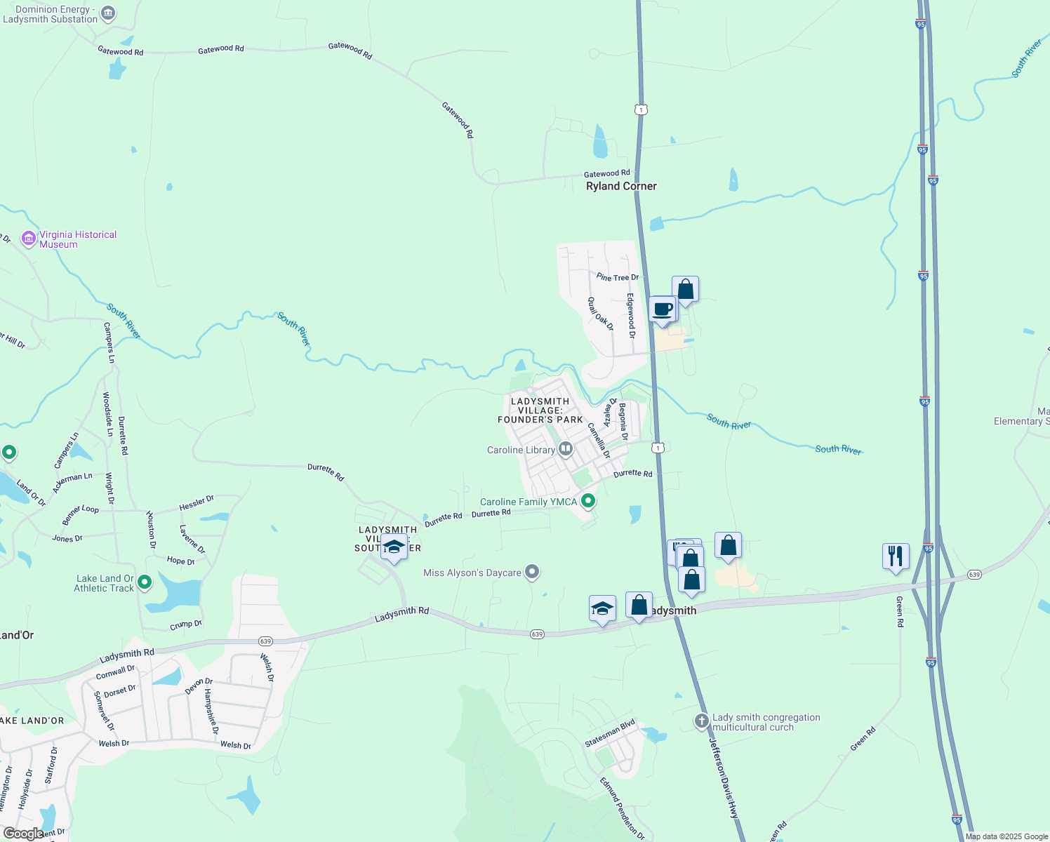 map of restaurants, bars, coffee shops, grocery stores, and more near 7124 Marsh Street in Ruther Glen