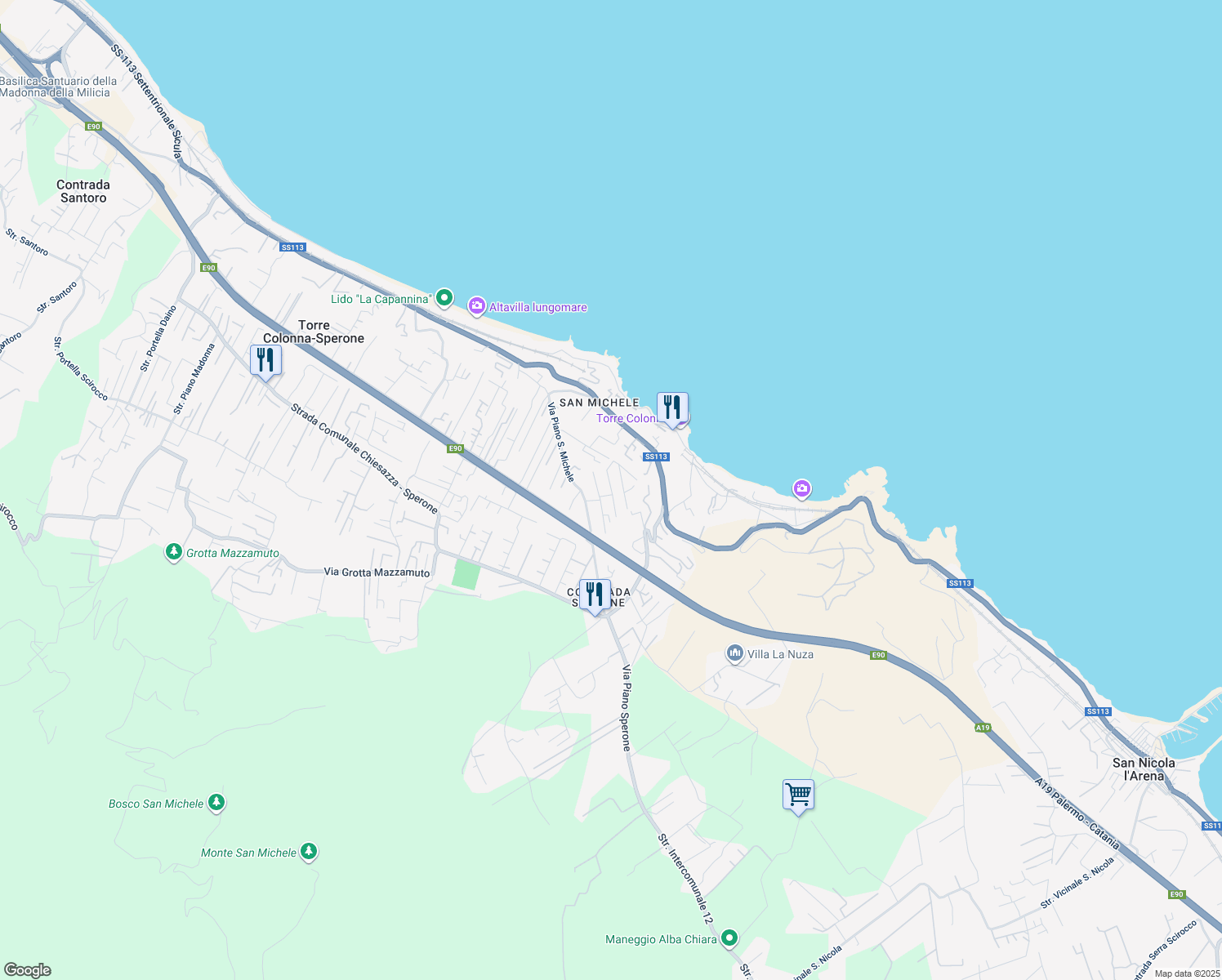 map of restaurants, bars, coffee shops, grocery stores, and more near Via Piano San Michele XVII in Torre Colonna-sperone