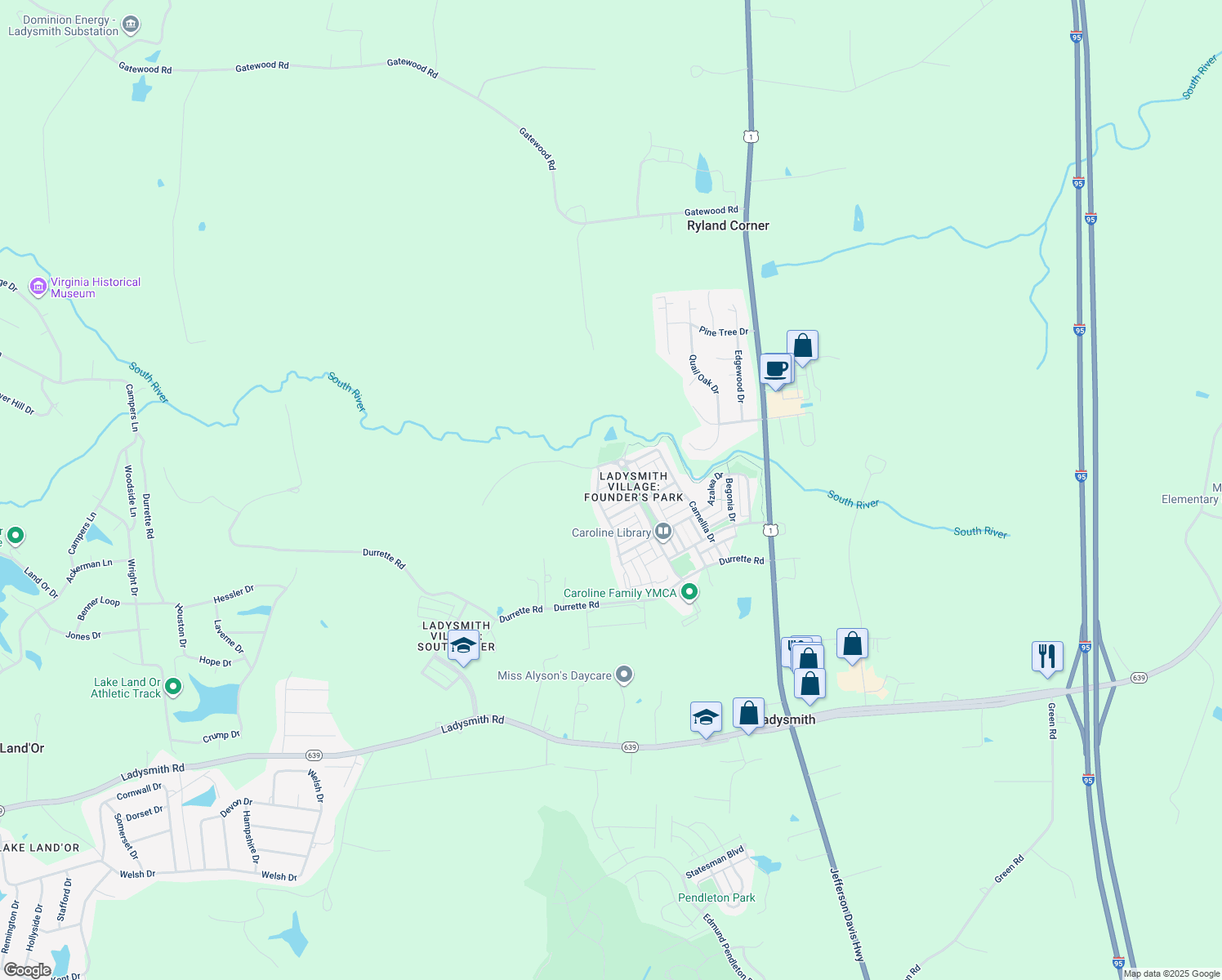 map of restaurants, bars, coffee shops, grocery stores, and more near 7125 Marsh Street in Ruther Glen